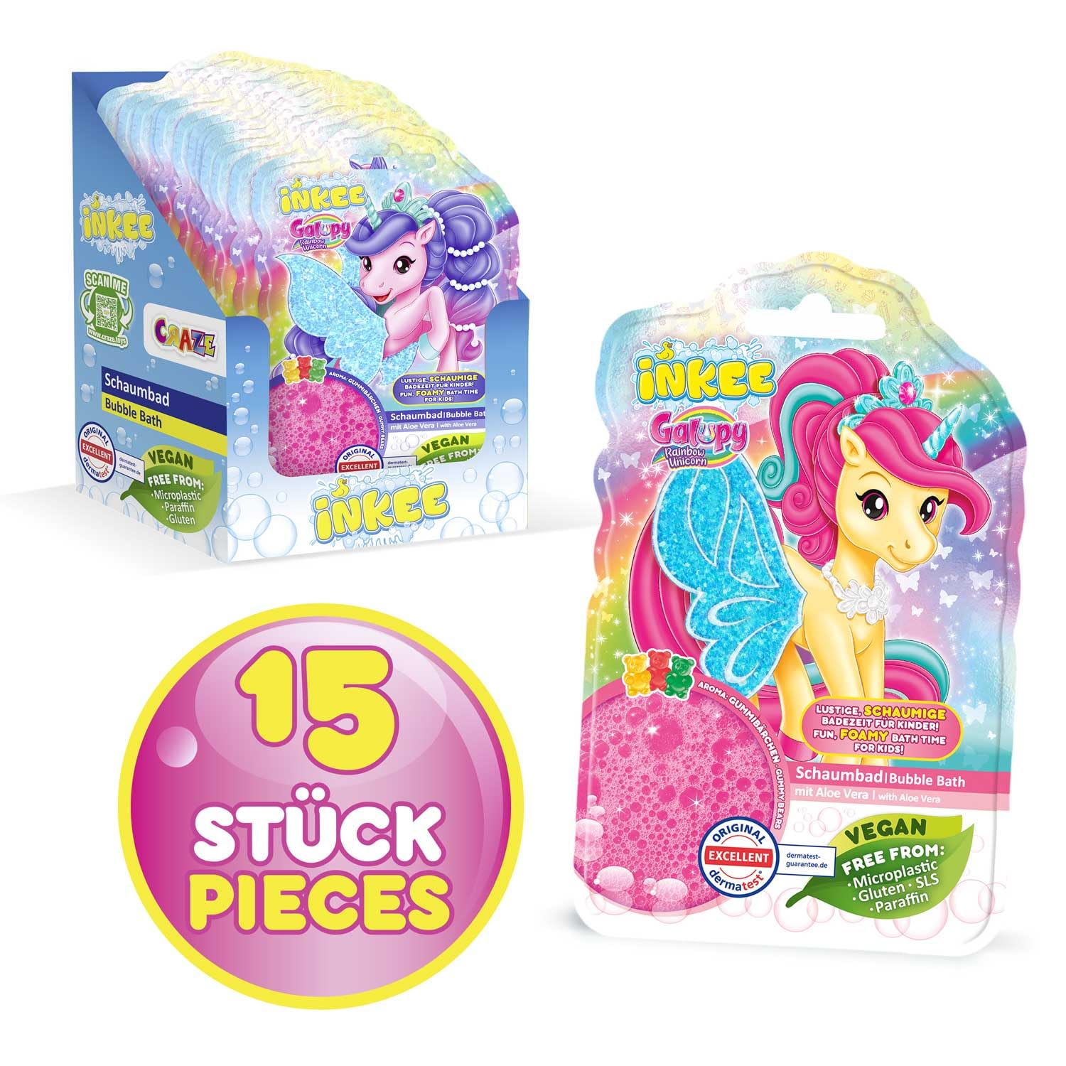 INKEE Gel de Baño Unicornio para Niños,Fórmula Suave con Aloe Vera y Aroma a Gominolas, Espuma Divertida y Cuidado Natural para Piel Sensible 15x40 gr