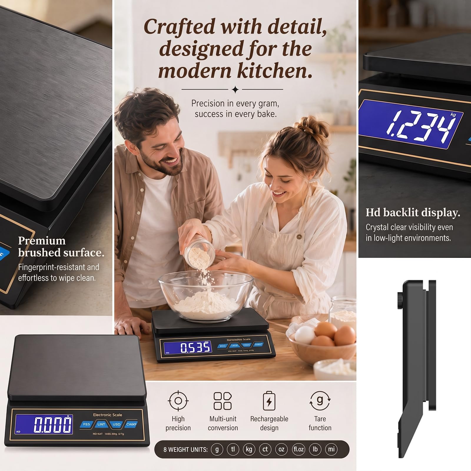 RANJIMA Bilancia da cucina, 30 kg / 66lbs, bilancia digitale in acciaio inox, bilancia per pacchi, bilancia di precisione da 1 g, per la misurazione di carne, salsicce, caffè con LCD, funzione di