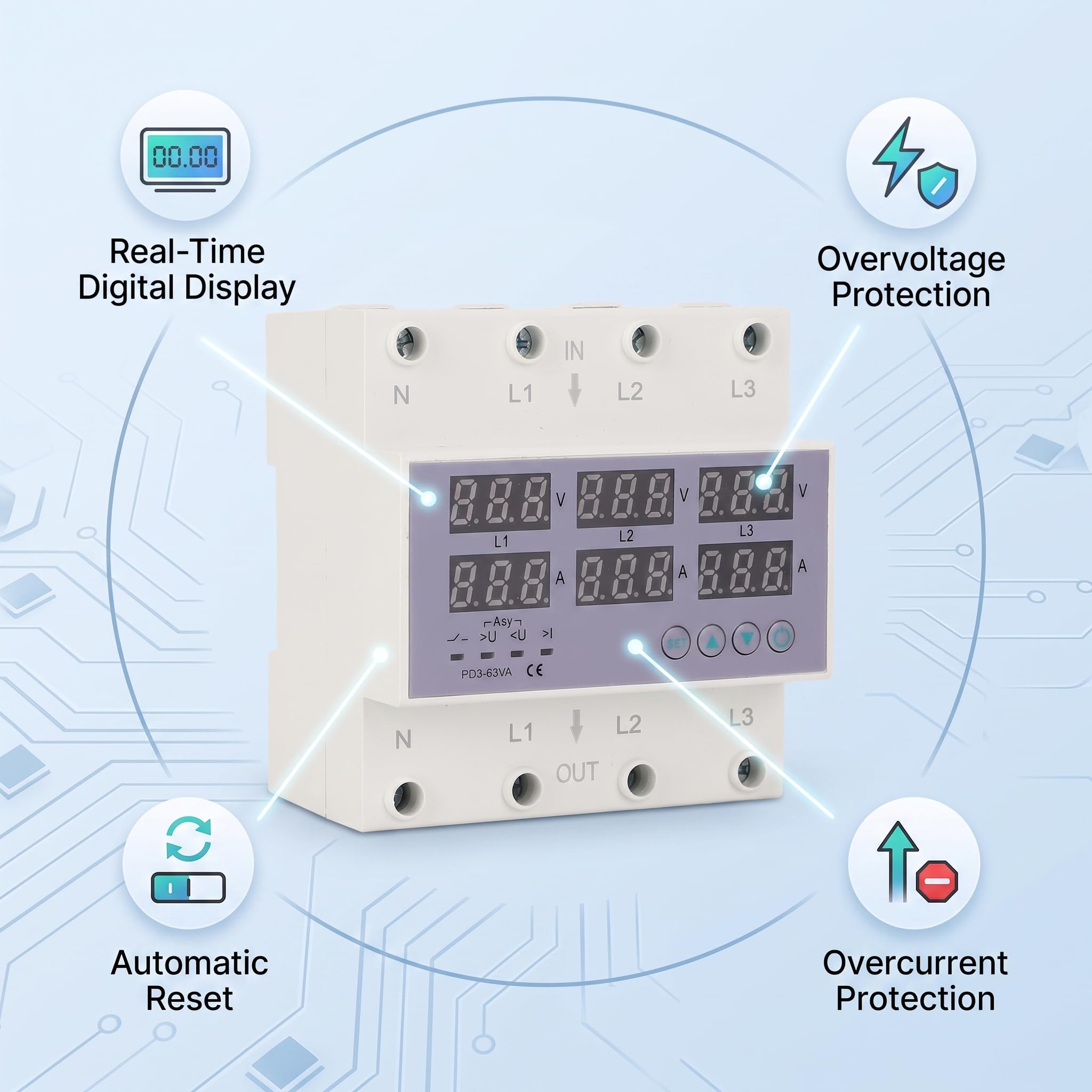 Voltmetro e Amperometro Trifase su Guida DIN con Protezione Sovracorrente e Sovratensione, 390-500 V CA 63A
