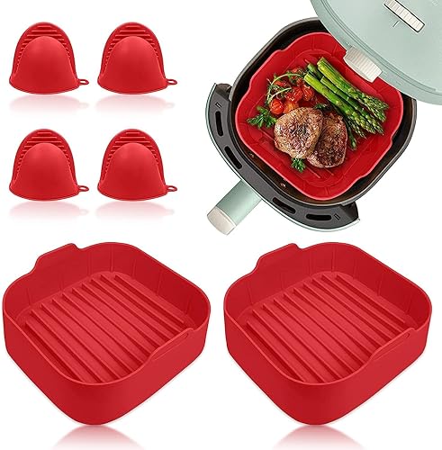 2 forros cuadrados de silicona para freidora de aire, de 8.1 pulgadas, reutilizables, cuadrados, seguros para alimentos, con 4 guantes de silicona,