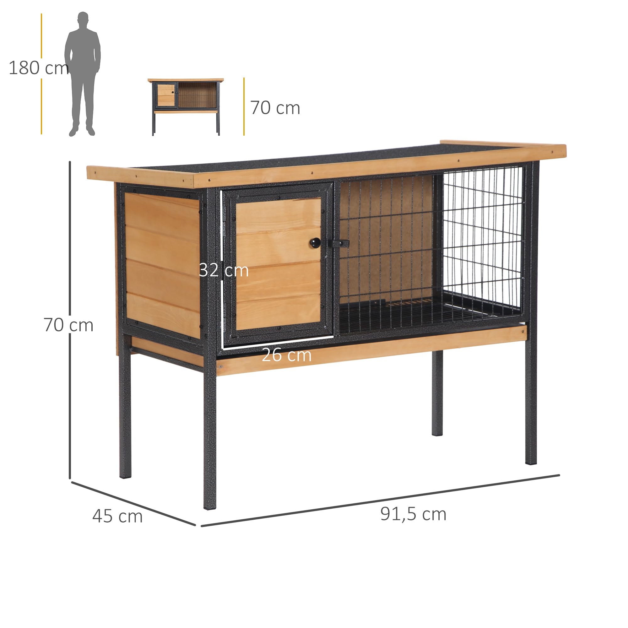 PawHut Jaula para Conejos de Madera sobre Pies, Conejera exterior para roedores, conejillos de Indias con Techo Trabajable - Dom. 91,5 x 45 x 70 cm