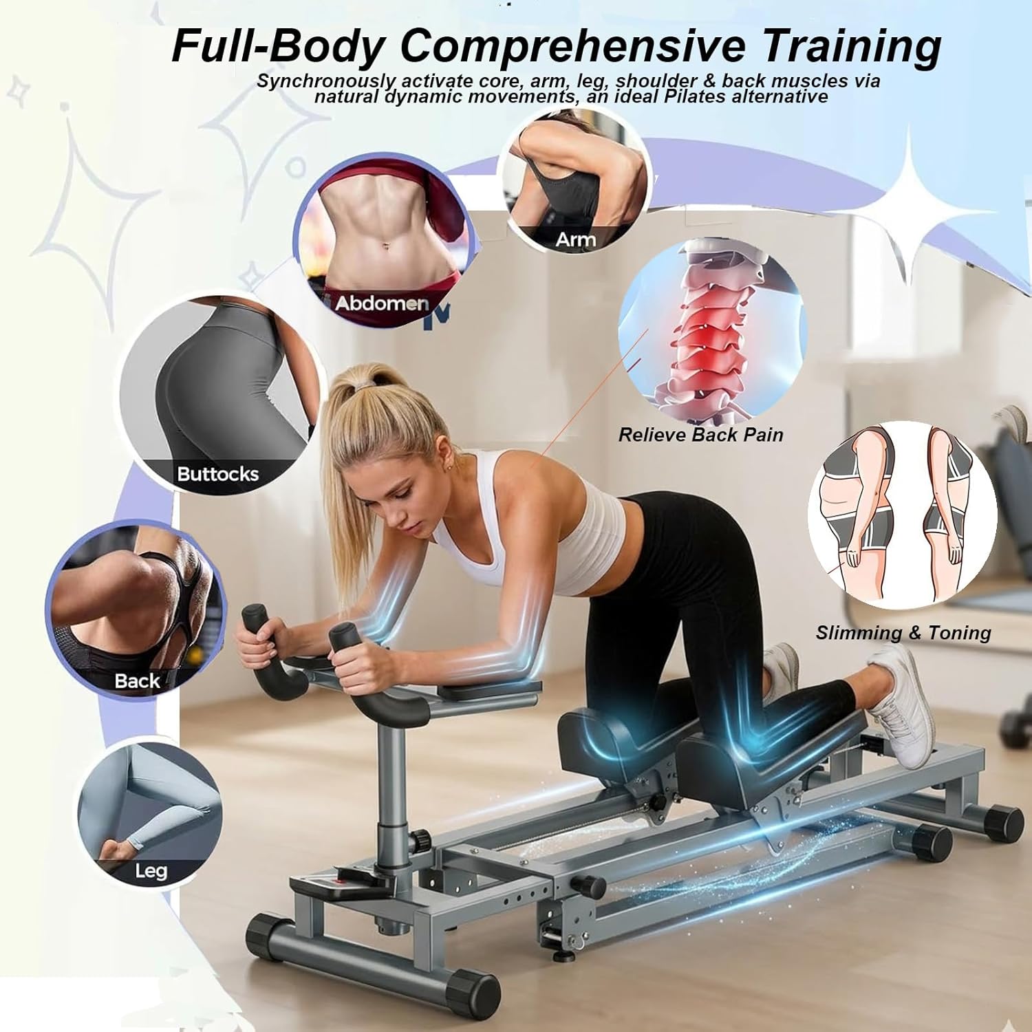 3 in 1 Spine Twist And Stretch Trainer & AB Machine Foldable Crawling Exercise Machine with LCD Display Monitor, Step Range Climber Machine with Adjustable Slope Home Gym Equipment for Women Men