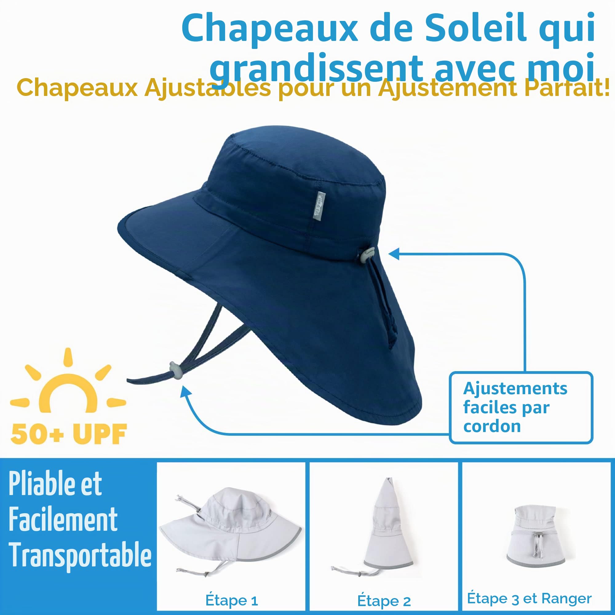 JAN & JUL Chapeau de soleil réglable en coton UPF 50+ pour enfant, 2-5 ans