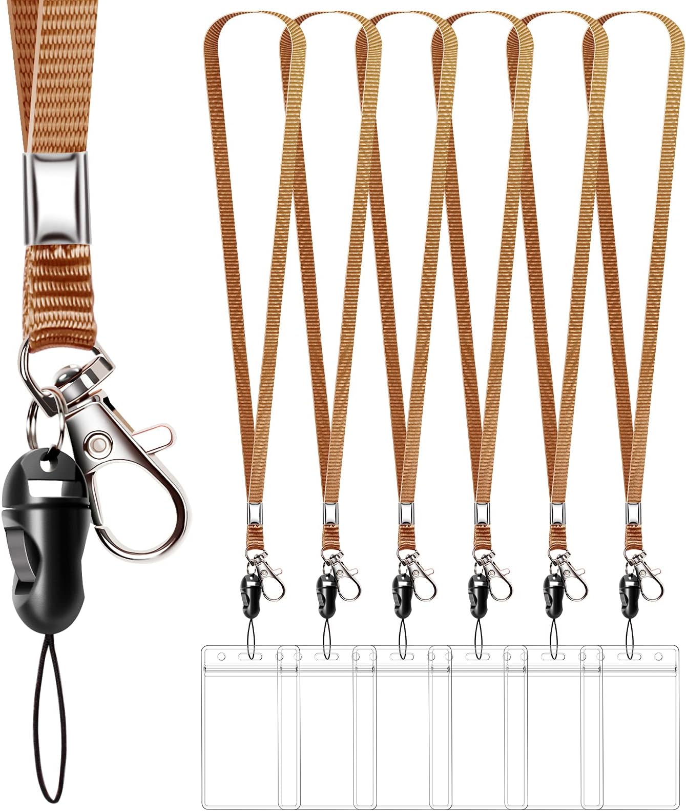 6 Pack Neck Lanyard with ID Badge Holder, Office Strap Lanyards, Stainless Metal Swivel Hook for Name Tag, Badge Holders, Keychains, Card, Brown