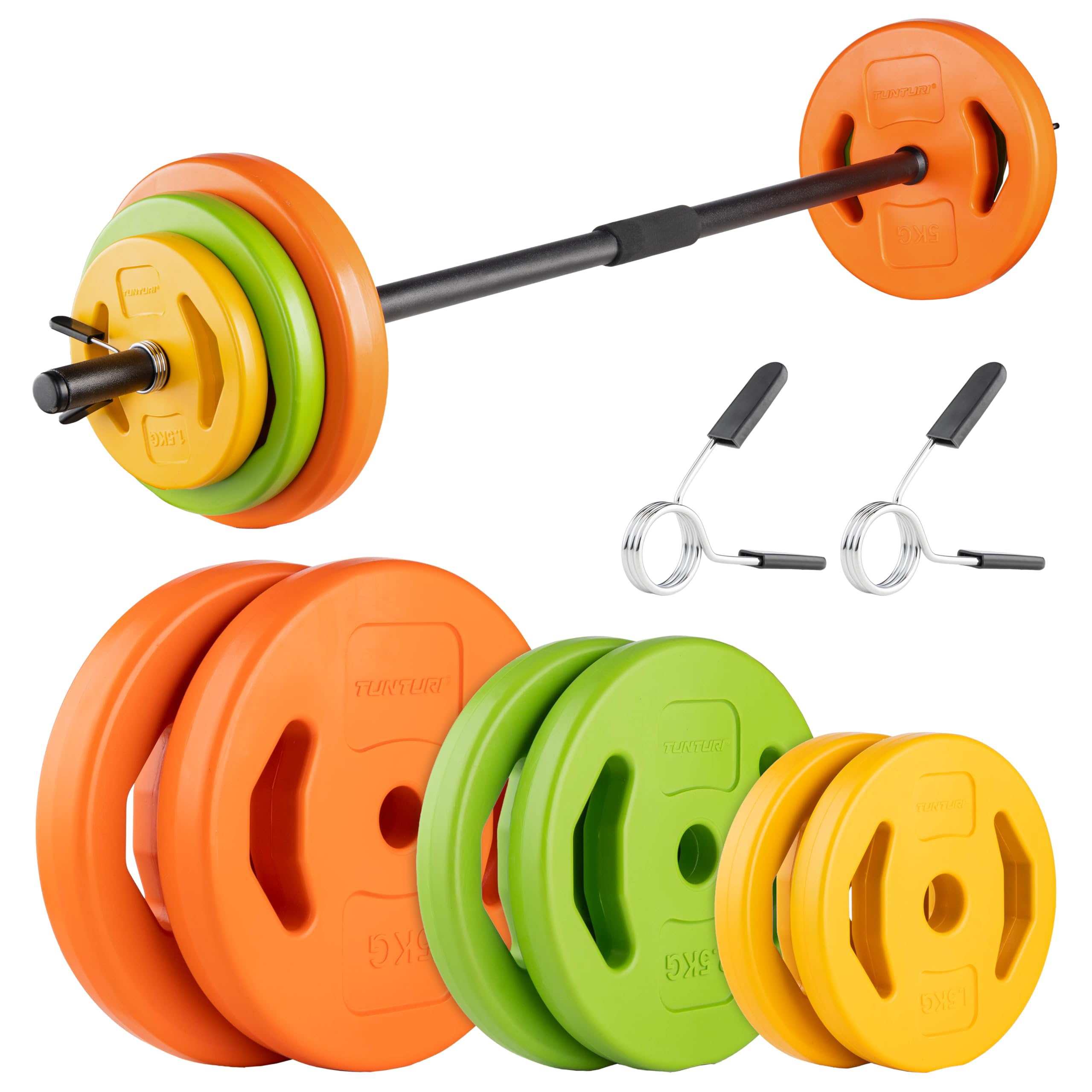 Tunturi 14TUSCL353 Pesi Palestra per Allenamento Aerobico - Dischi Palestra in Plastica - 1 Barra Componibile inclusa - 20 Kg, Unisex – Adulto, Orange, Green, Yellow, 20 kg