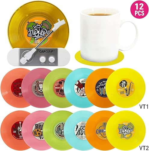 Miniatura 4 de Divertidos posavasos retro para discos de vinilo, juego de 12 posavasos creativos con soporte para tocadiscos de vinilo para amantes de la música,