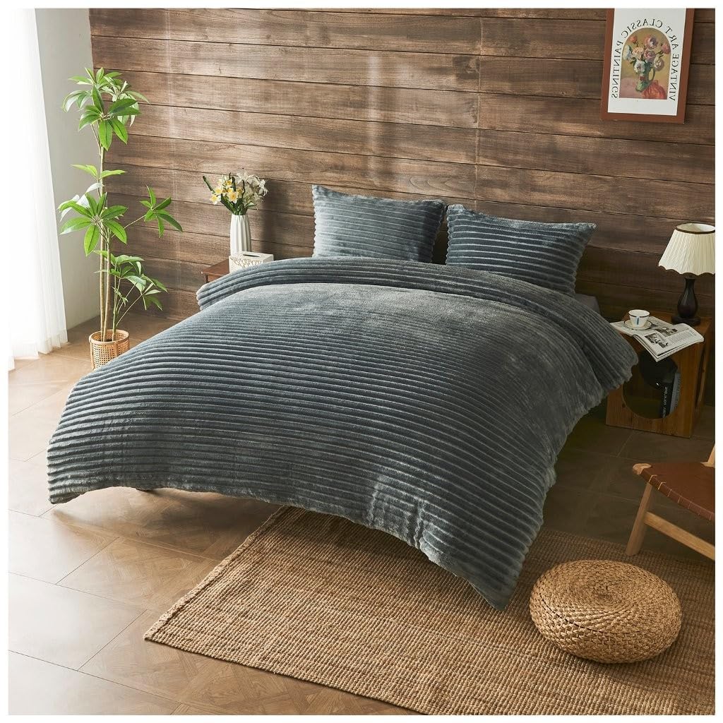 Artistic Fashionista Limited Charcoal Osum Chunky Ribbed Cord Teddy Bear Winter Duvet Cover Set – Super Soft Fluffy Sherpa Fleece Bedding With Pillowcases, Warm & Cosy Thermal Quilt Cover For Winter Comfort (, King)