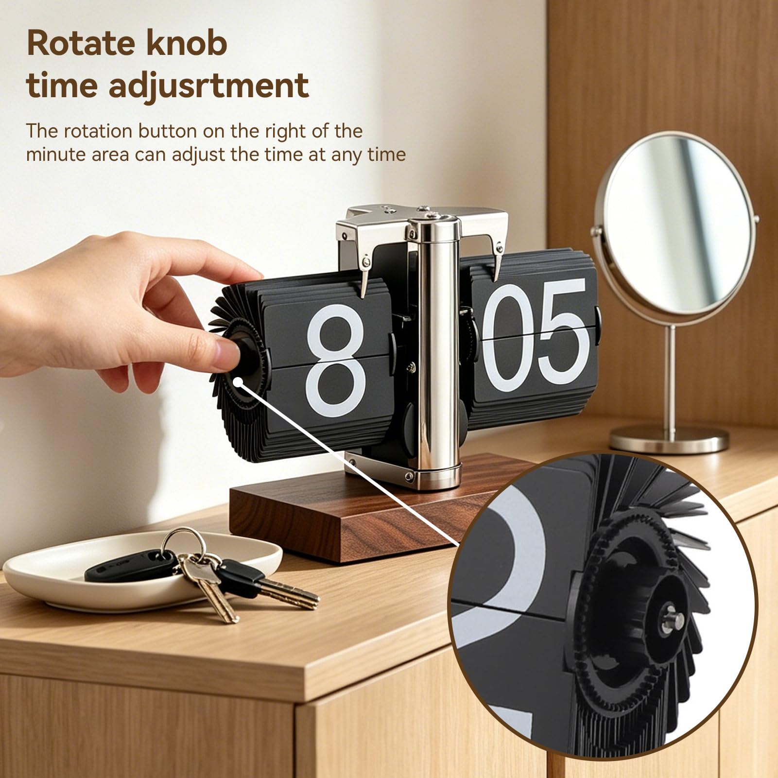 Retro Flip Vintage Desk Table Horloge, Mécanique Auto Flip Desk Clock Numéro 24h Base en Bois en Acier Inoxydable Table numérique rétro pour Le Bureau à Domicile