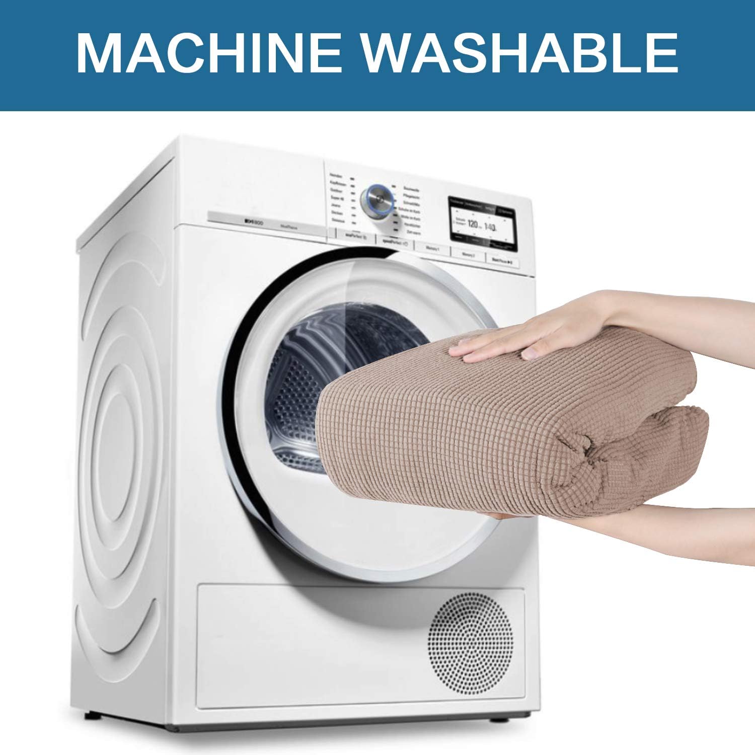 H.VERSAILTEX Stretch Sofa Covers for 3 Cushion Couch Covers Sofa Slipcovers for Living Room Feature Thick Checked Jacquard Fabric with Elastic Bottom, Sofa Large - Sand