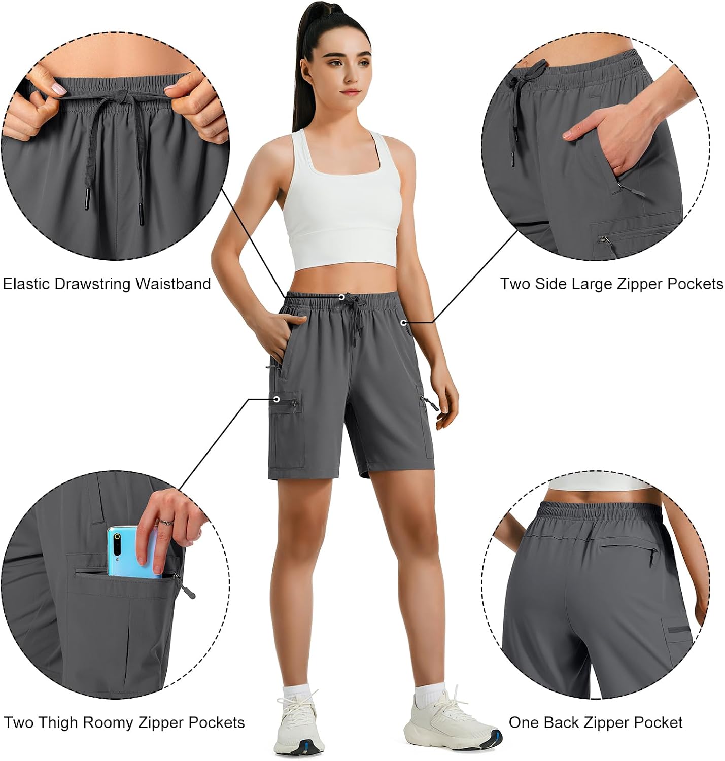 Hugut Women's Lightweight Hiking Cargo Shorts Quick Dry Athletic Shorts Camping Travel Golf Zipper Pockets Water Resistant thumbnail