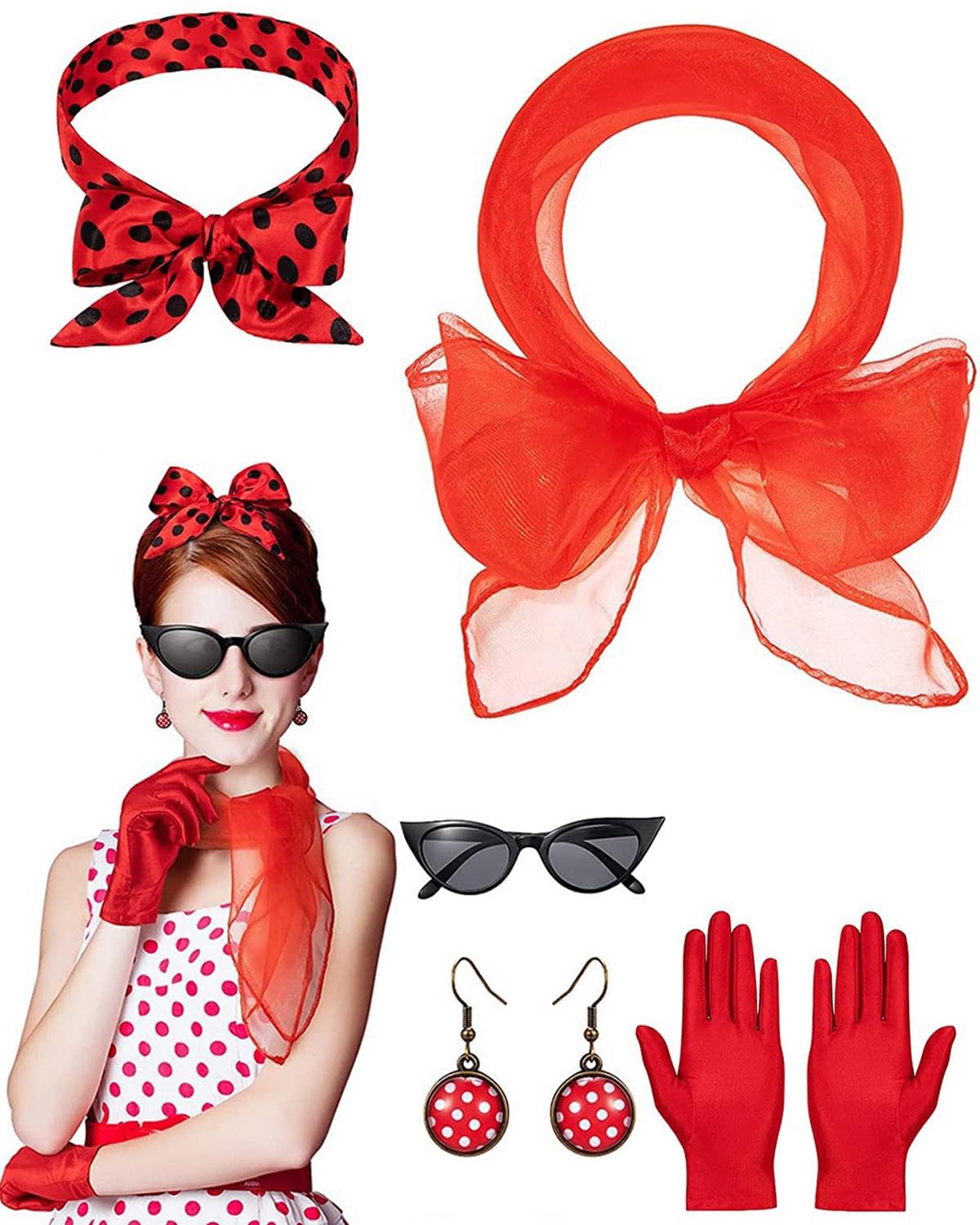 TPZORJX 5Pcs Accesorios Disfraz Años 50 para Mujer Accesorios,Mujer Chiffon Scarf Cat Eye Glasses Diadema Pendientes, Decoracion Retro Fiesta Carnaval,para 50's Costume Accessories Set