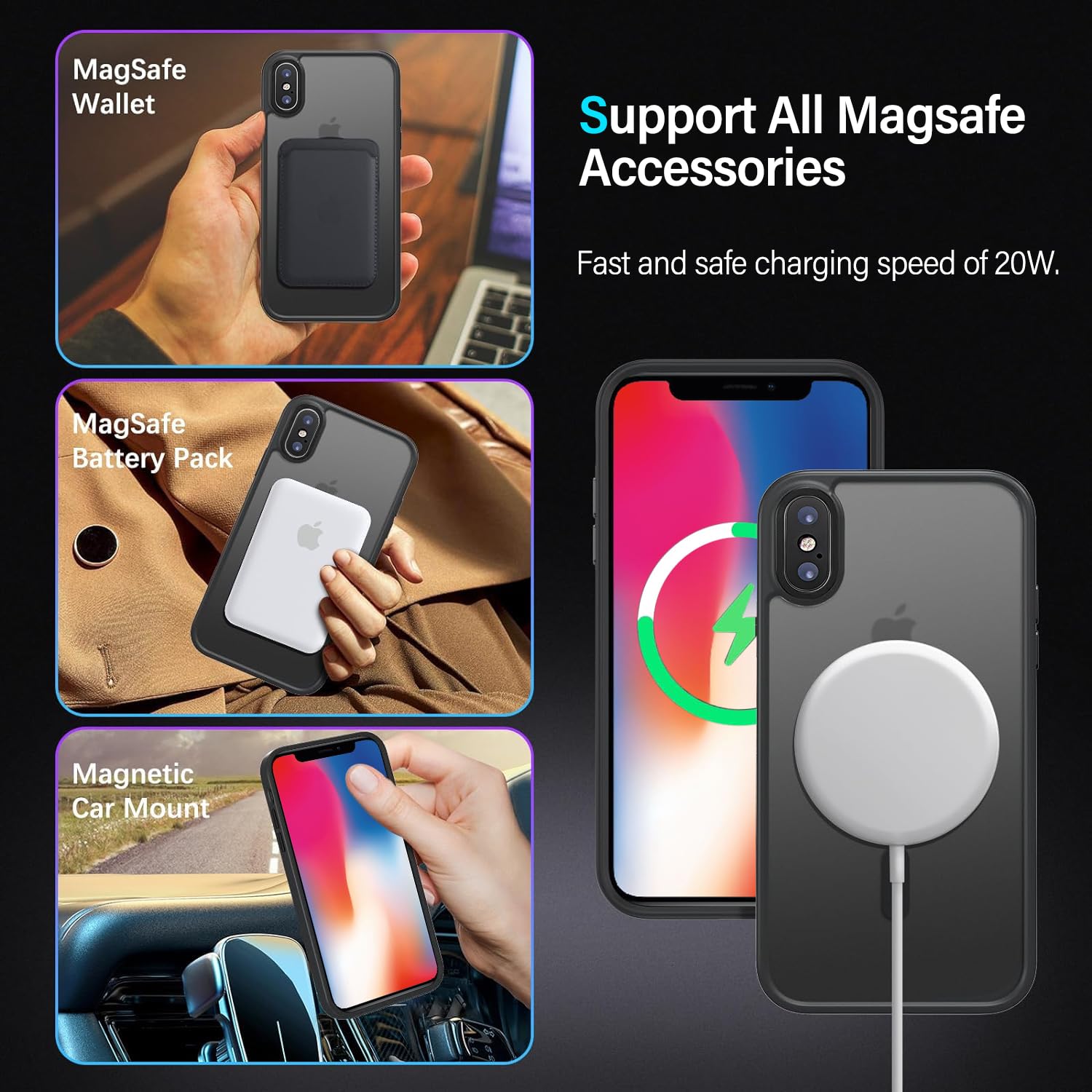 Etui iPhone X/XS kompatybilne z MagSafe, tylna obudowa magnetyczna wszechstronna ochrona obiektywu, odporna na zarysowania, wstrząsoodporna obudowa TPU i PC do X/XS, półprzezroczyste matowe