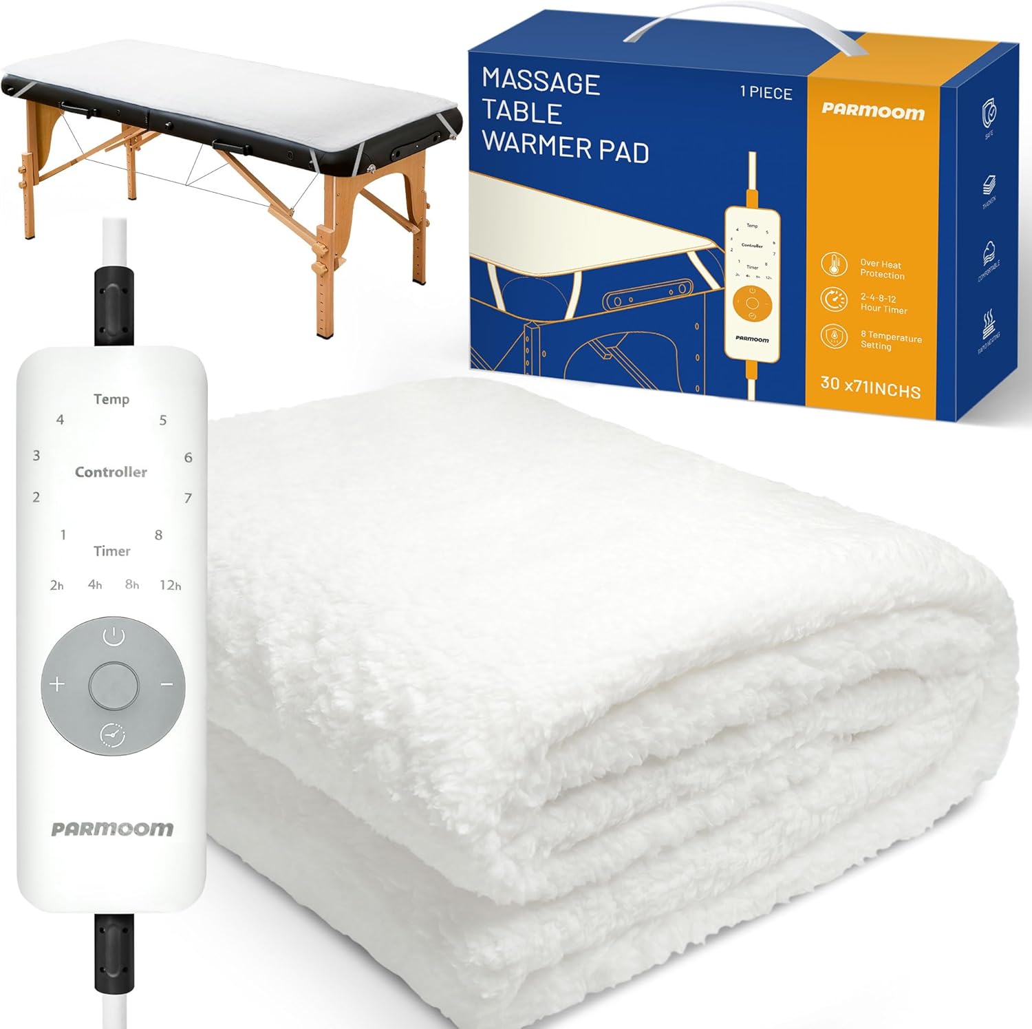 Massage Table Warmer Heating Pad Professional Massage Bed Warmer with 4 Timer, 8 Heat Settings, Overheat Protection for Massage Bed & Spa, Thickened & Soft Fleece, 30" x 71"