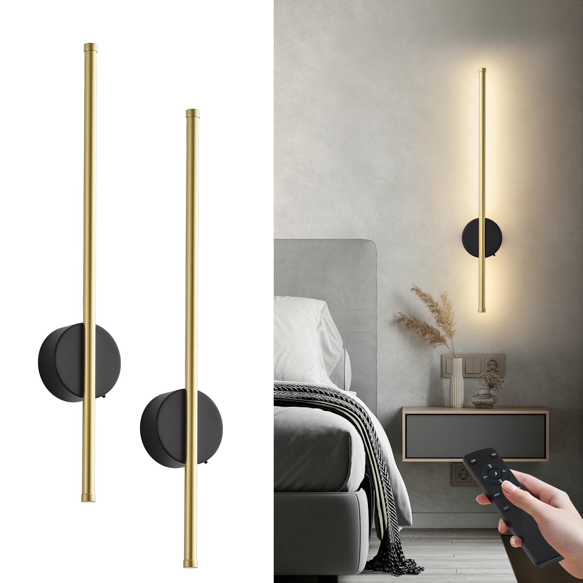 KARTOOSH Battery Operated Modern Wall Sconce Set of Two,23.6'', Black Gold