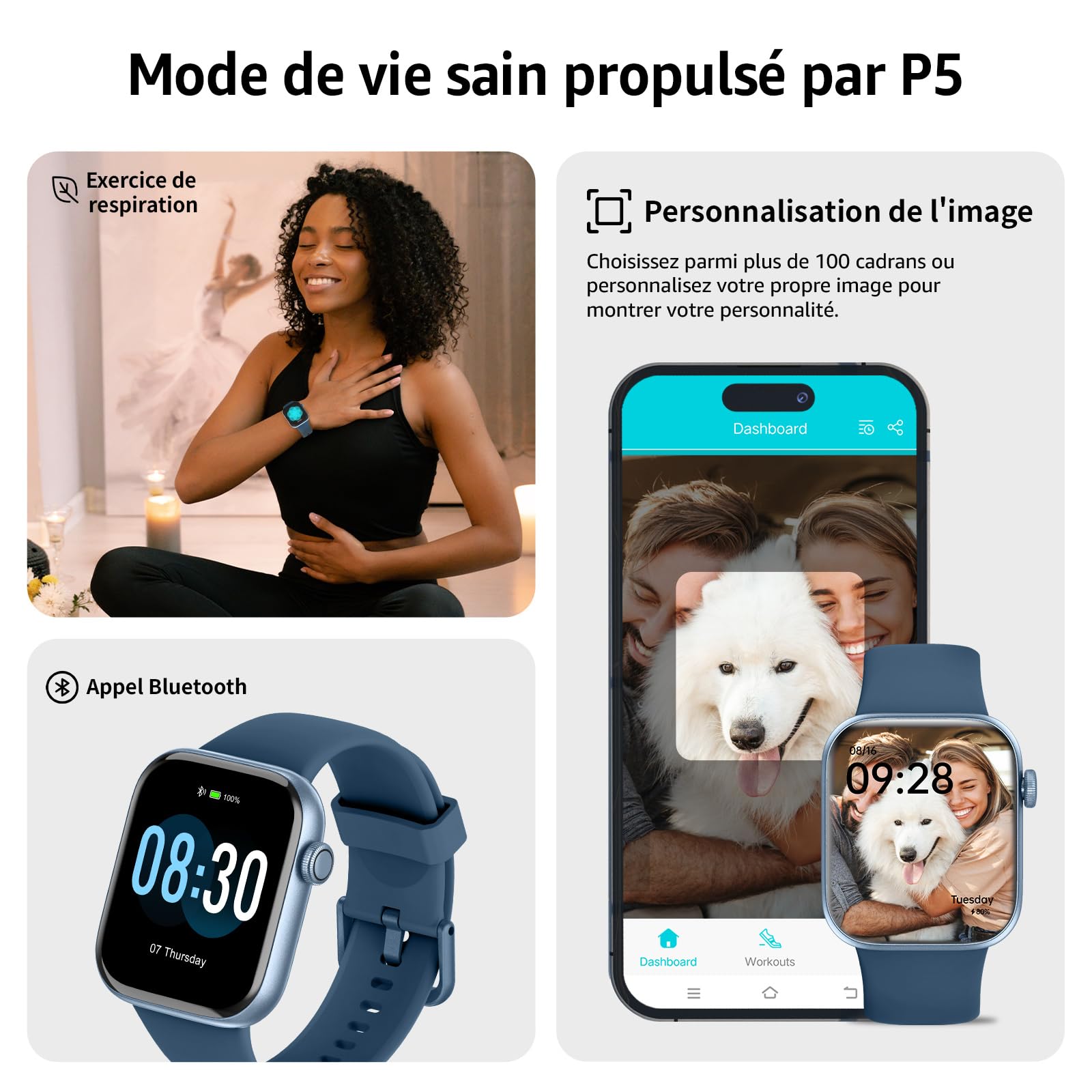 AcclaFit Montre Connectée Homme Femme avec Appels Bluetooth, Écran 1.85" HD Smartwatch Sport (140+ Modes), Cardiofréquencemètre, Moniteur de Sommeil, Étanche IP68 pour Android iOS- Sky Blue