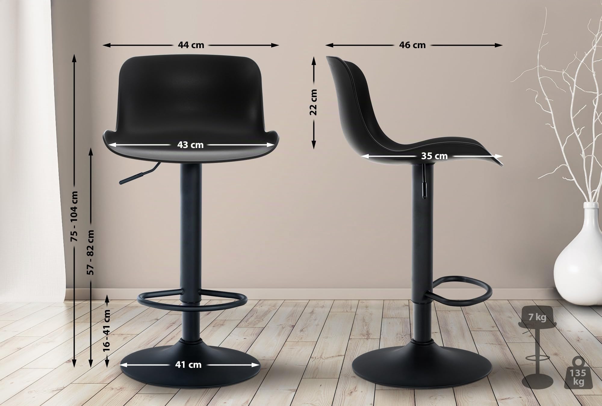 CLP Tabouret De Bar Almada en Plastique I Chaise De Bar Réglable en Hauteur I Support en Métal en Forme Trompette avec Protection De Sol | Couleur Noir