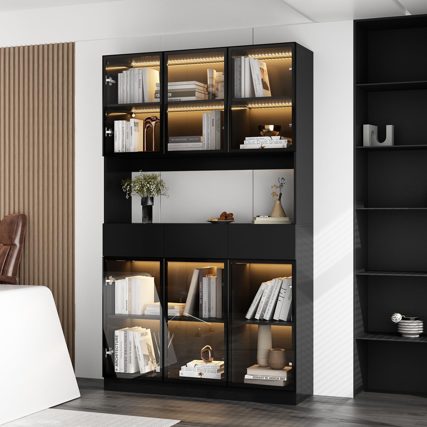 Curio Display Cabinet with Light, Storage Shelves with Pop-up Glass Doors, 3 Drawers & 3 Color Light, Collectibles Cabinet Display Shelf, Bookshelf Showcase for Living Room, Black w/Hutch