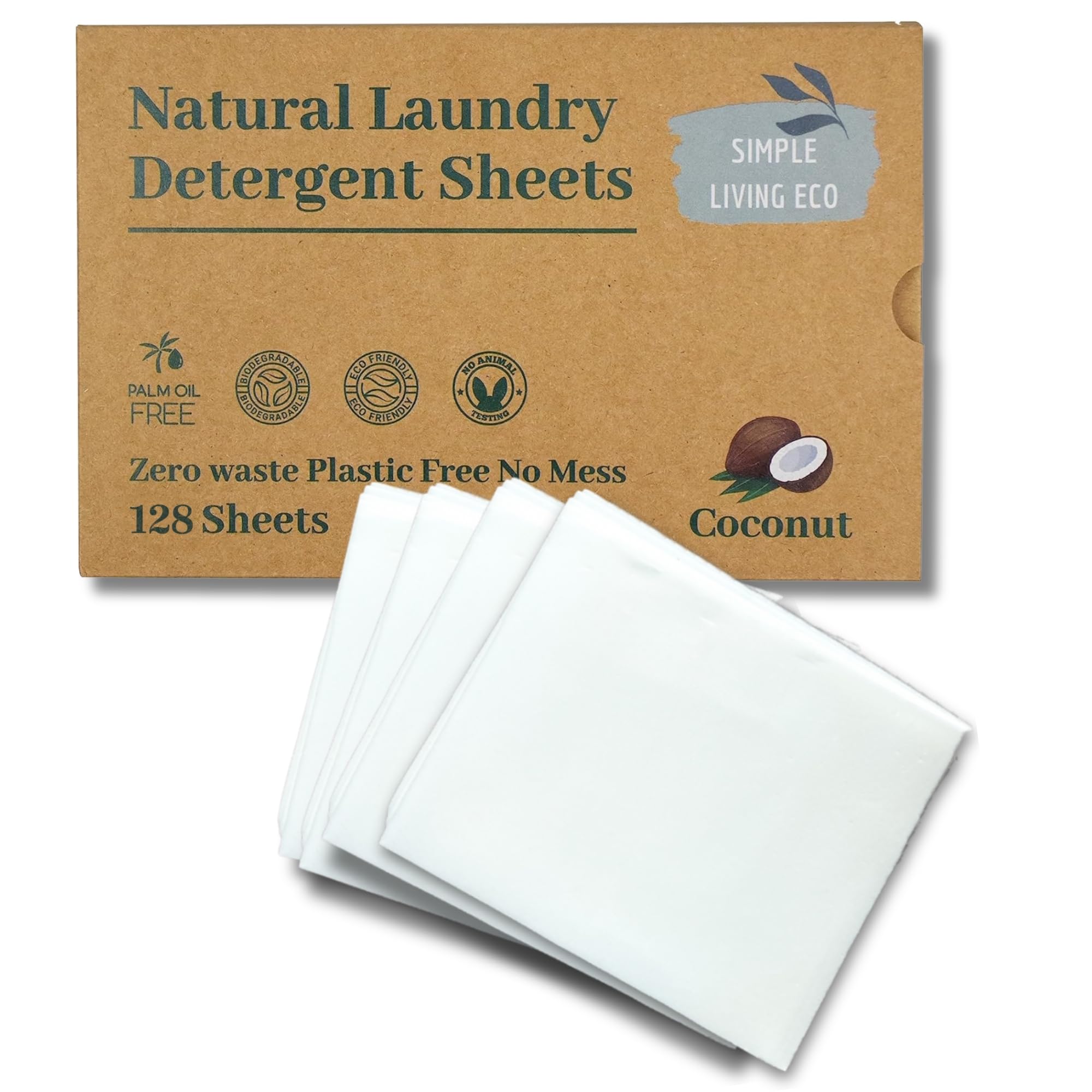 SIMPLE LIVING ECOLaundry Detergent Sheets -UK-Made 128 Loads for Bulk Laundry Safe for Sensitive Skin Non Bio Laundry Detergent Plant Based Travel Wash Laundry Sheets - Coconut Scent