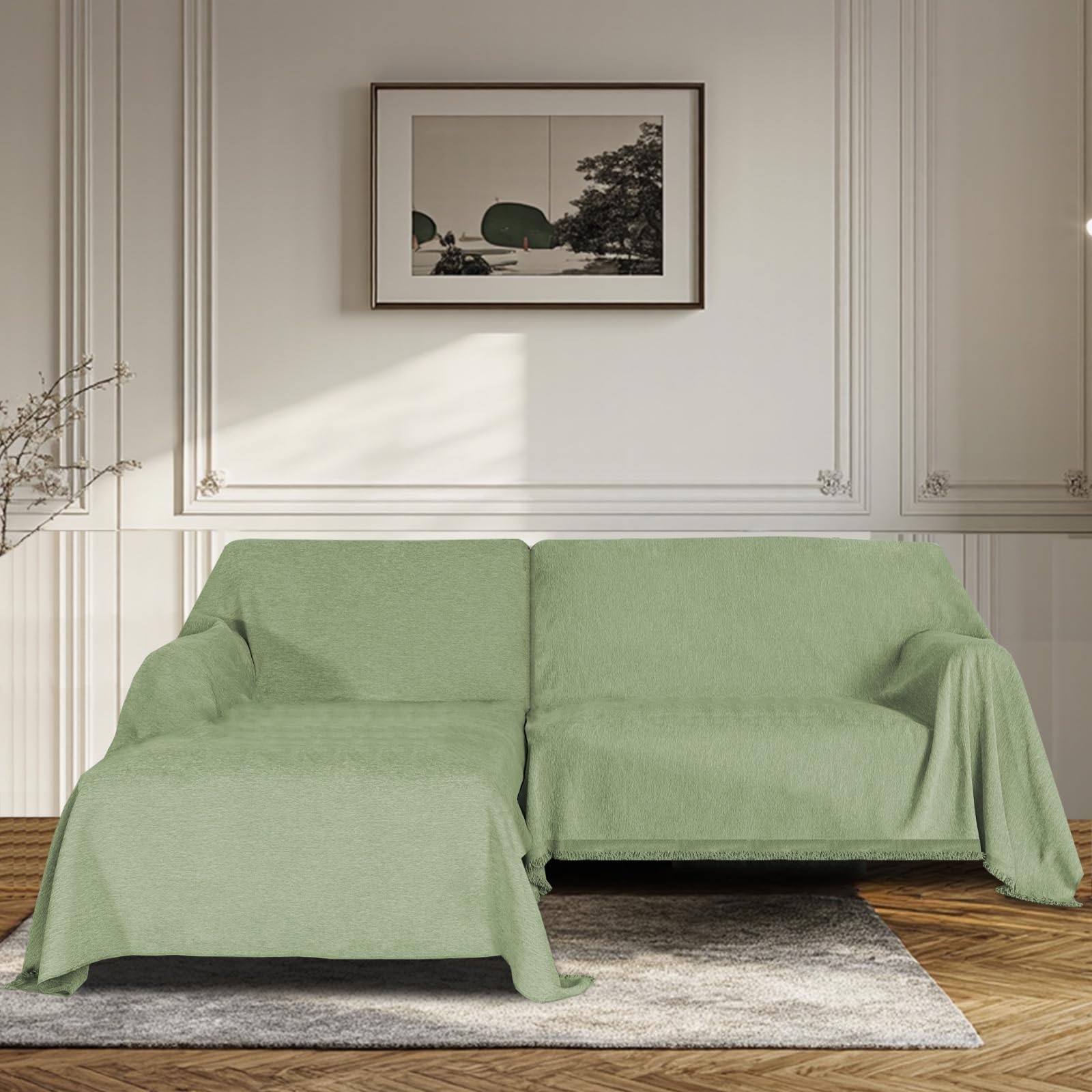 BellaHills Sofa Cover 3 Seater Chenille Sofa Covers 2 Seater Armchair Covers L Shape Sofa Slipcover Non-Slip Couch Covers with Tassel Sofa Protector from Dogs, 180x280/180x230cm, Green