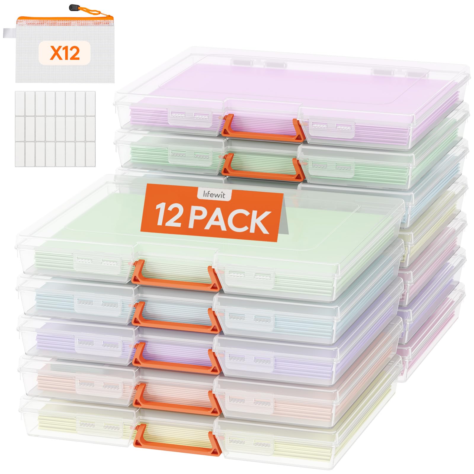Lifewit 12 Pack Stapelbar Aufbewahrungsbox A4 mit Deckel & Griff, Tragbar Din A4 Box mit 12 Reißverschlusstaschen und Etikett, Dokumentenbox Storage Box für Papier Foto Bastelbedarf, 32 x 24 cm/12x9
