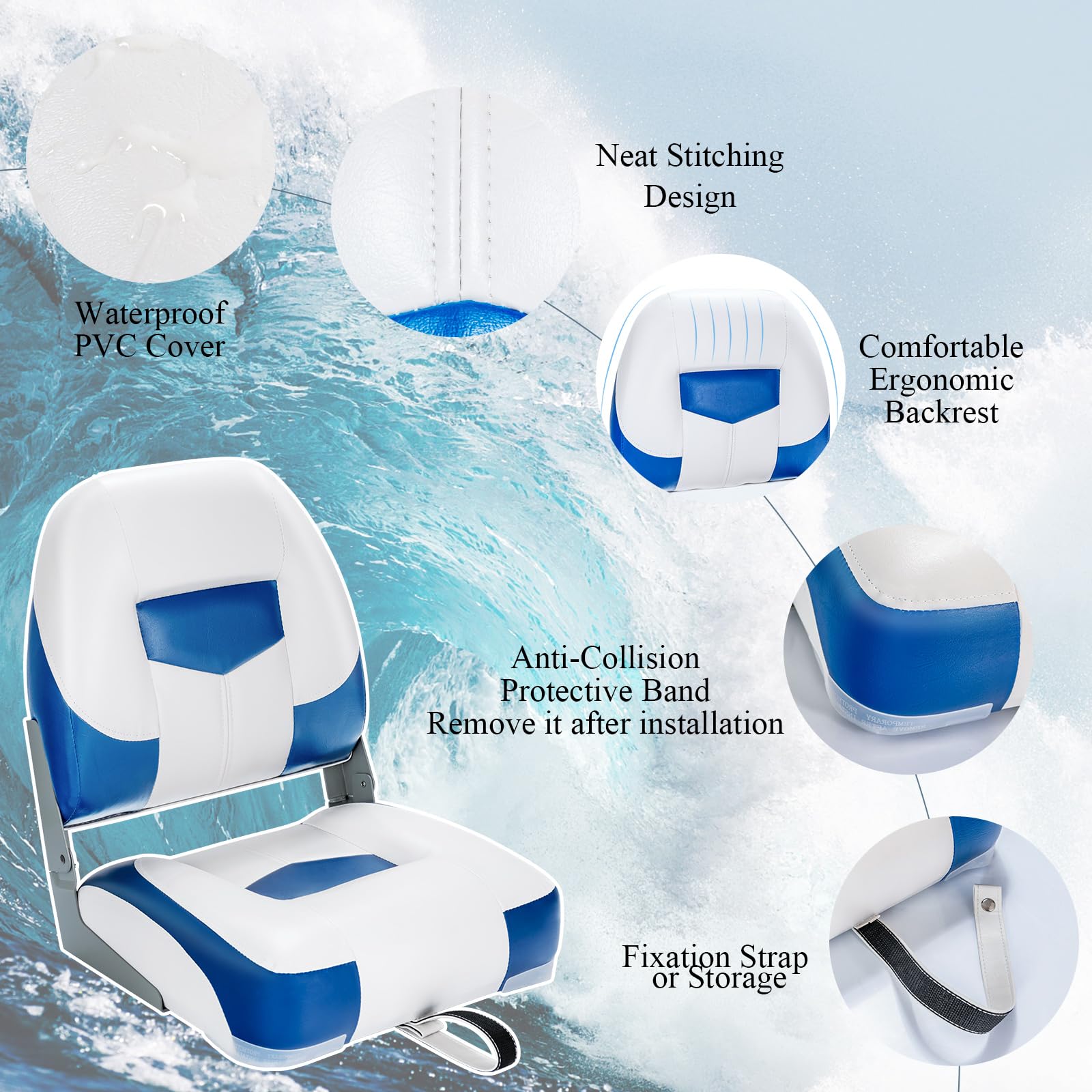 HOMASIS Juego de 2 asientos de barco plegables, Silla de barco con acolchado de esponja, Asiento yate ergonómicos con correas y tornillos de fijación, barco para pescar, pilotaje, 50x42x52cm (Azul)