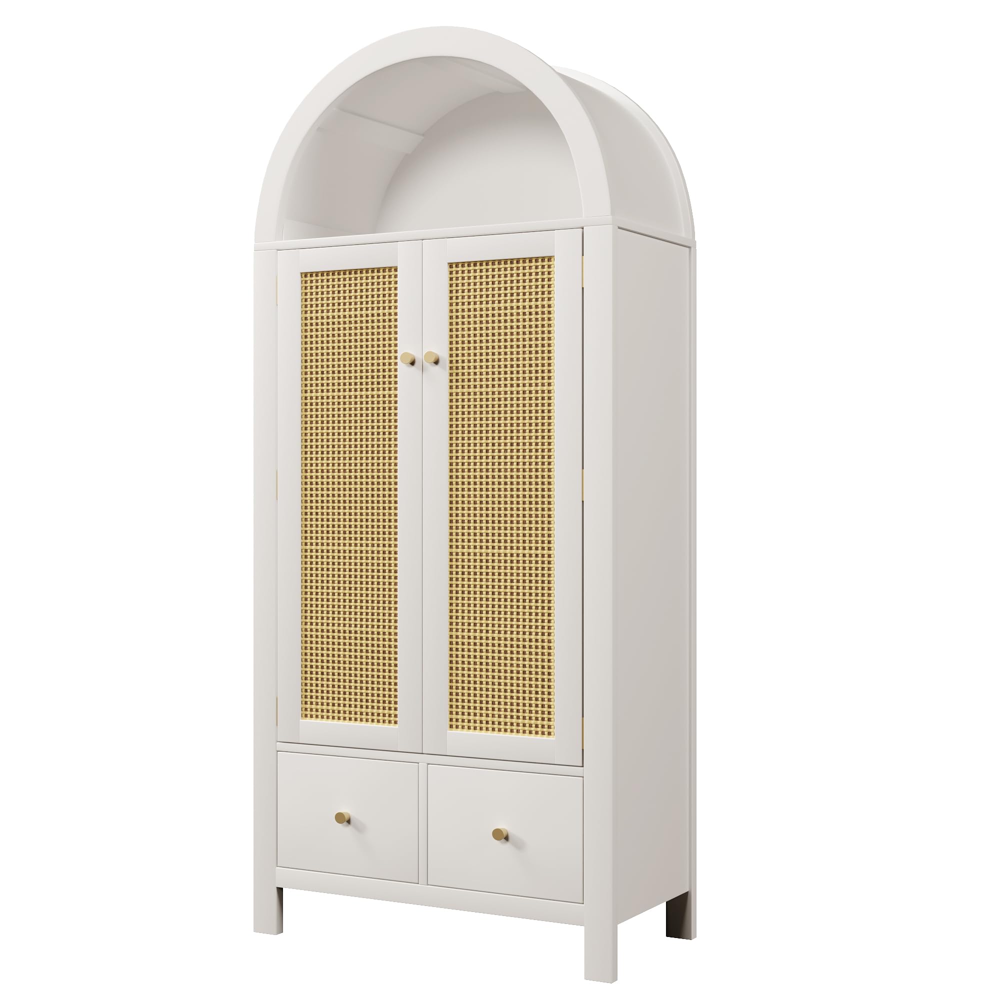 Armadio 181 x 78 x 45 cm con intreccio in rattan, stile rustico, bianco, ripiano semicircolare aperto, 2 ante con chiusura magnetica, 2 cassetti, asta appendiabiti e protezione