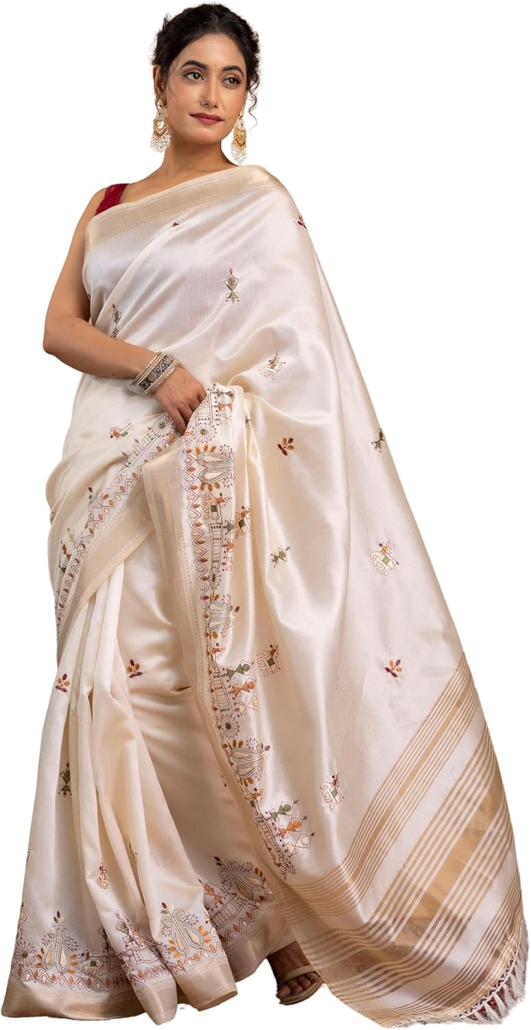 Elegant Cream Embroidered Saree with Beautiful Border | Soft & Lightweight Saree for Party, Festive & Wedding Wear
