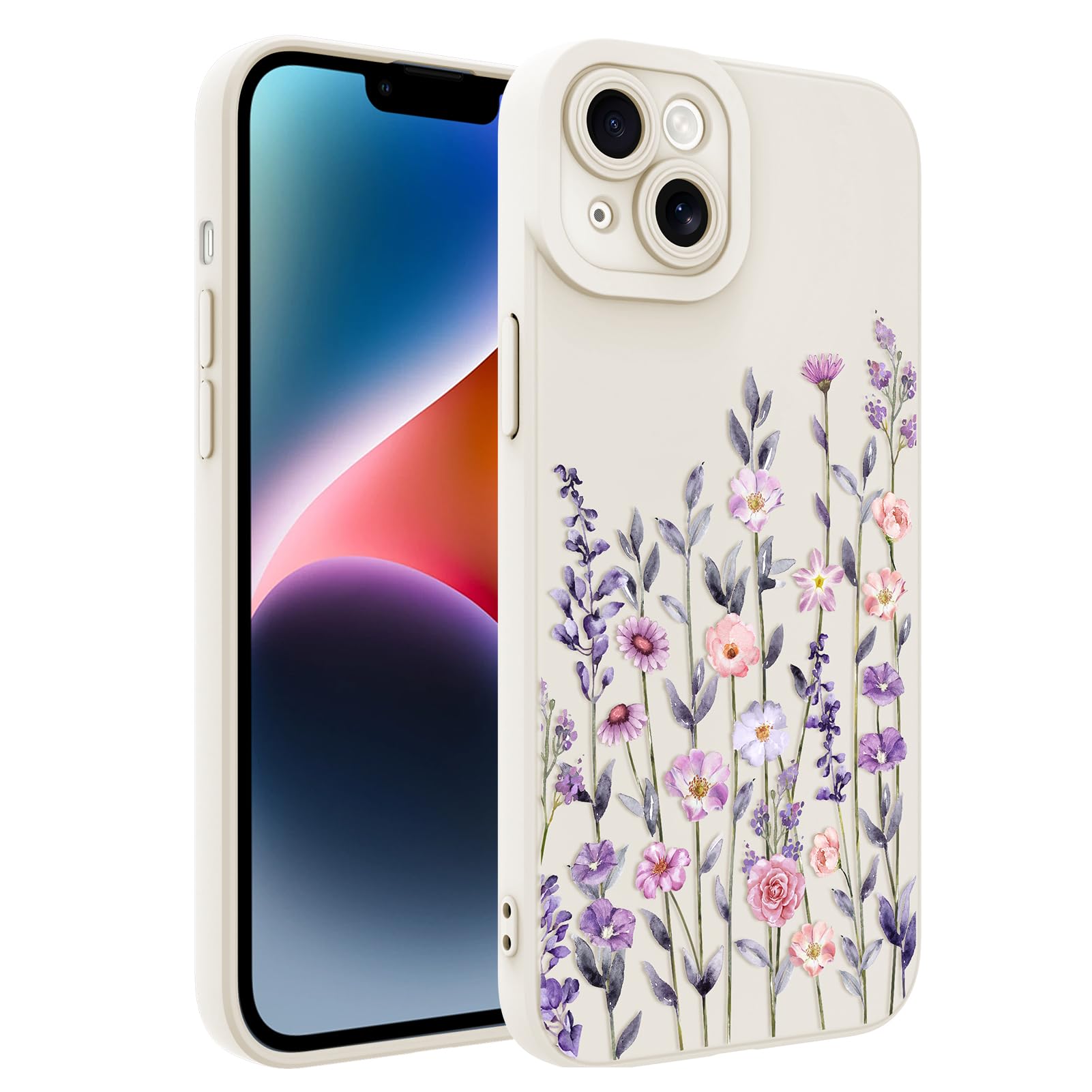 Designed for iPhone 14 Plus Case, Cute Flower Floral Pattern Design, Slim Soft TPU Liquid Silicone Protective Cover for Women Girls - White