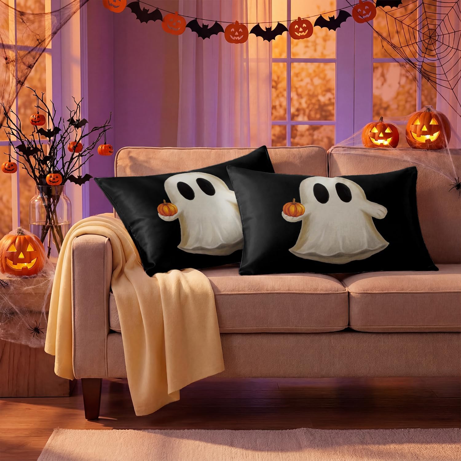 Horaldaily Halloween Blcak Ghost Standard Size Satin Pillowcases 2PCS