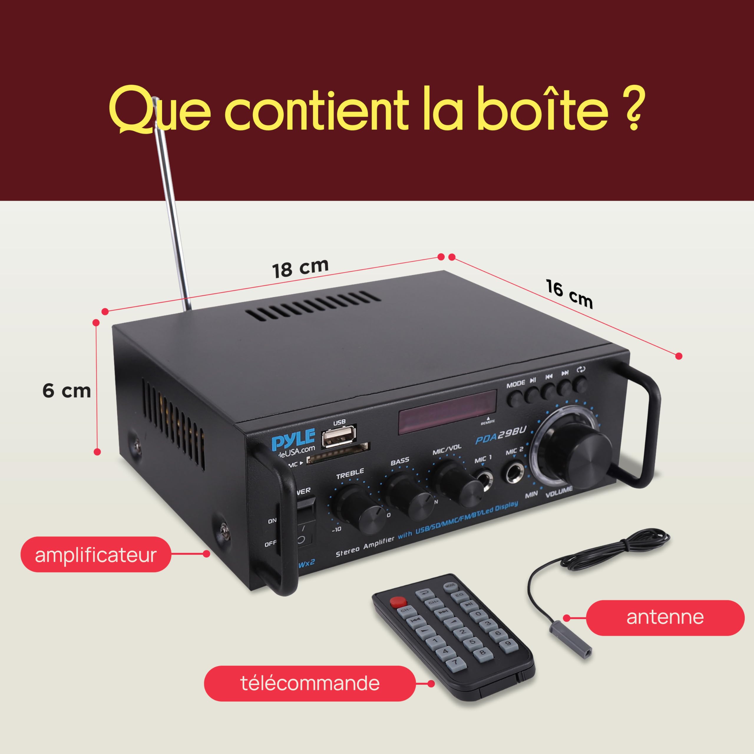 Pyle Amplificateur Audio Stéréo sans Fil Bluetooth - Système Récepteur Stéréo Audio à Deux Canaux de 200W avec RCA, USB, SD, Entrée Micro, Radio FM, pour Home Cinema Via RCA, Utilisation en Studio