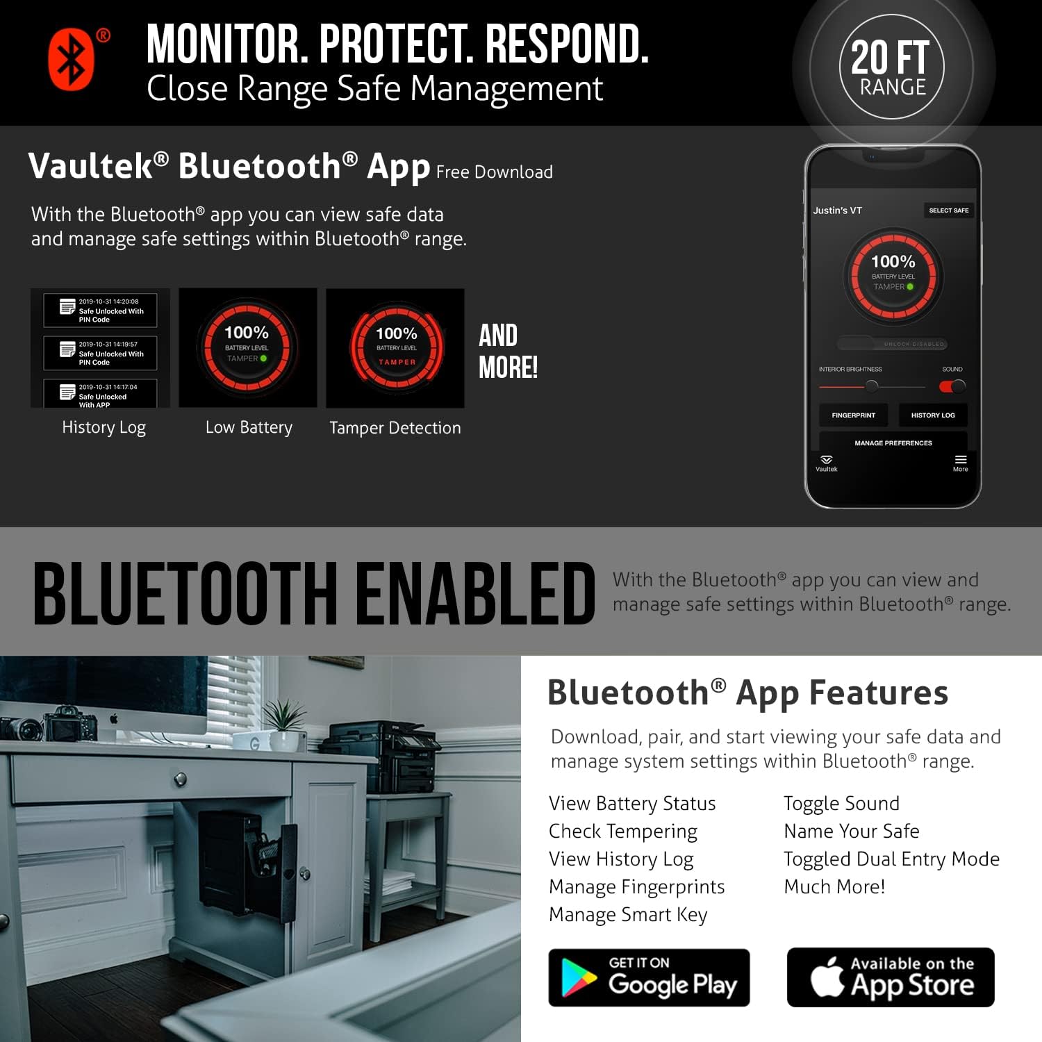 VAULTEK Slider Series Rugged Smart Handgun Safe Quick Auto-Open Sliding Door Pistol Safe with Rechargeable Li-ion Battery