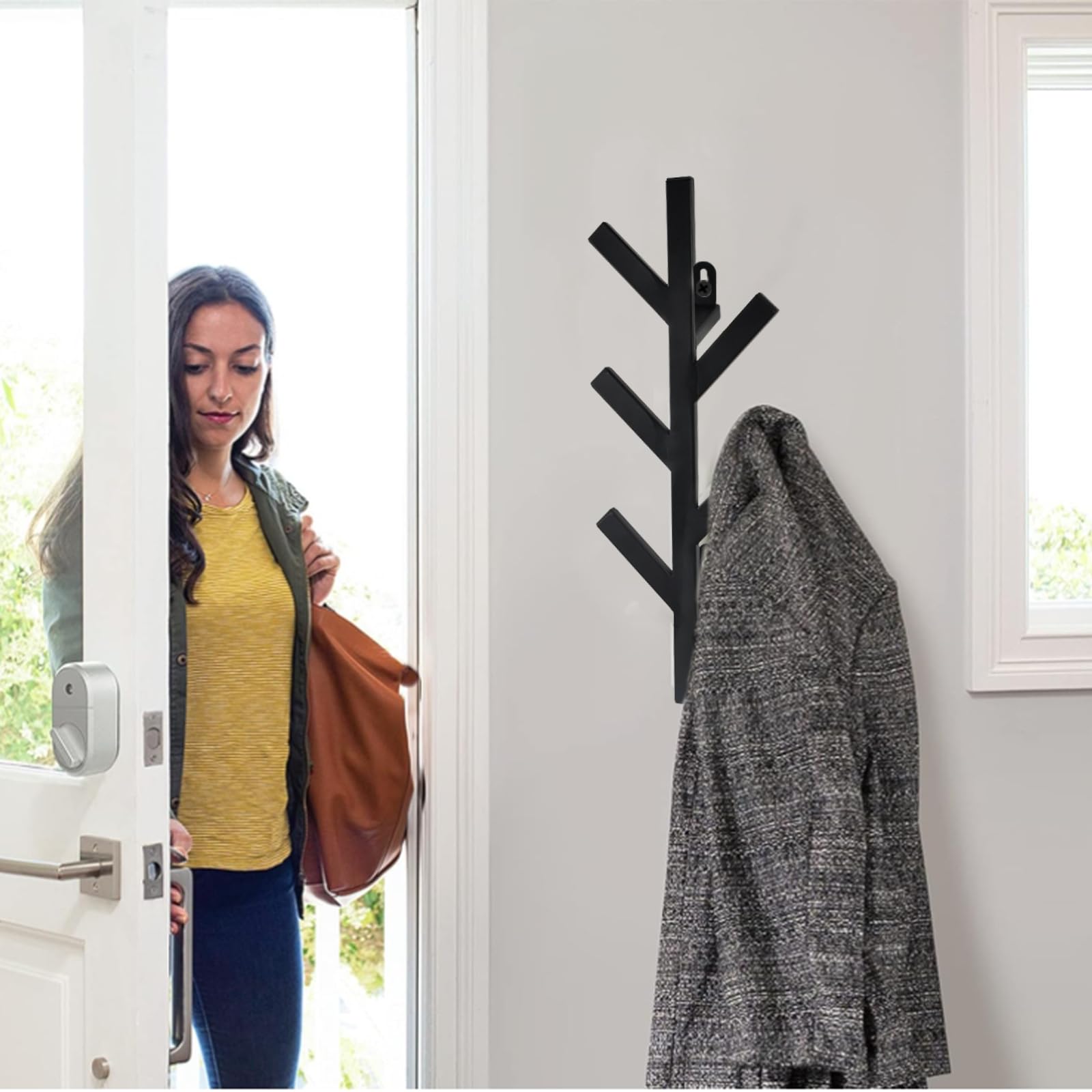 Perchero De Pared Con Diseño De Árbol | 190 X 83 Cm | 6 Ganchos Negros | Estilo Minimalista Para Pasillo O Entrada