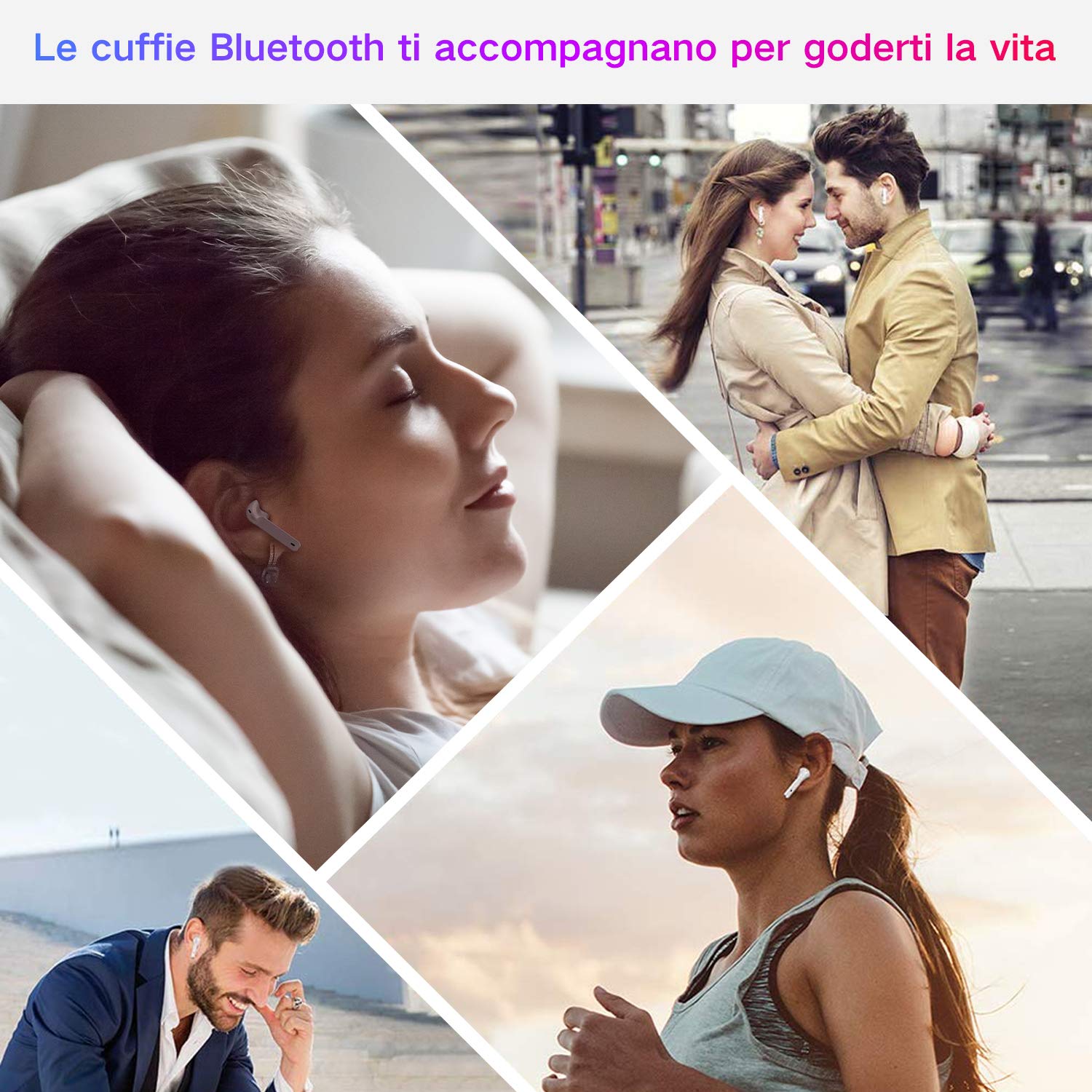 Cuffie Bluetooth Auricolari Bluetooth 5.0 Wireless Cuffie senza fili Sportivi Con Stereo Impermeabile IPX6 Accoppiamento Automatico Tocco Intelligente per Huawei Xiaomi Samsung iPhone bianco