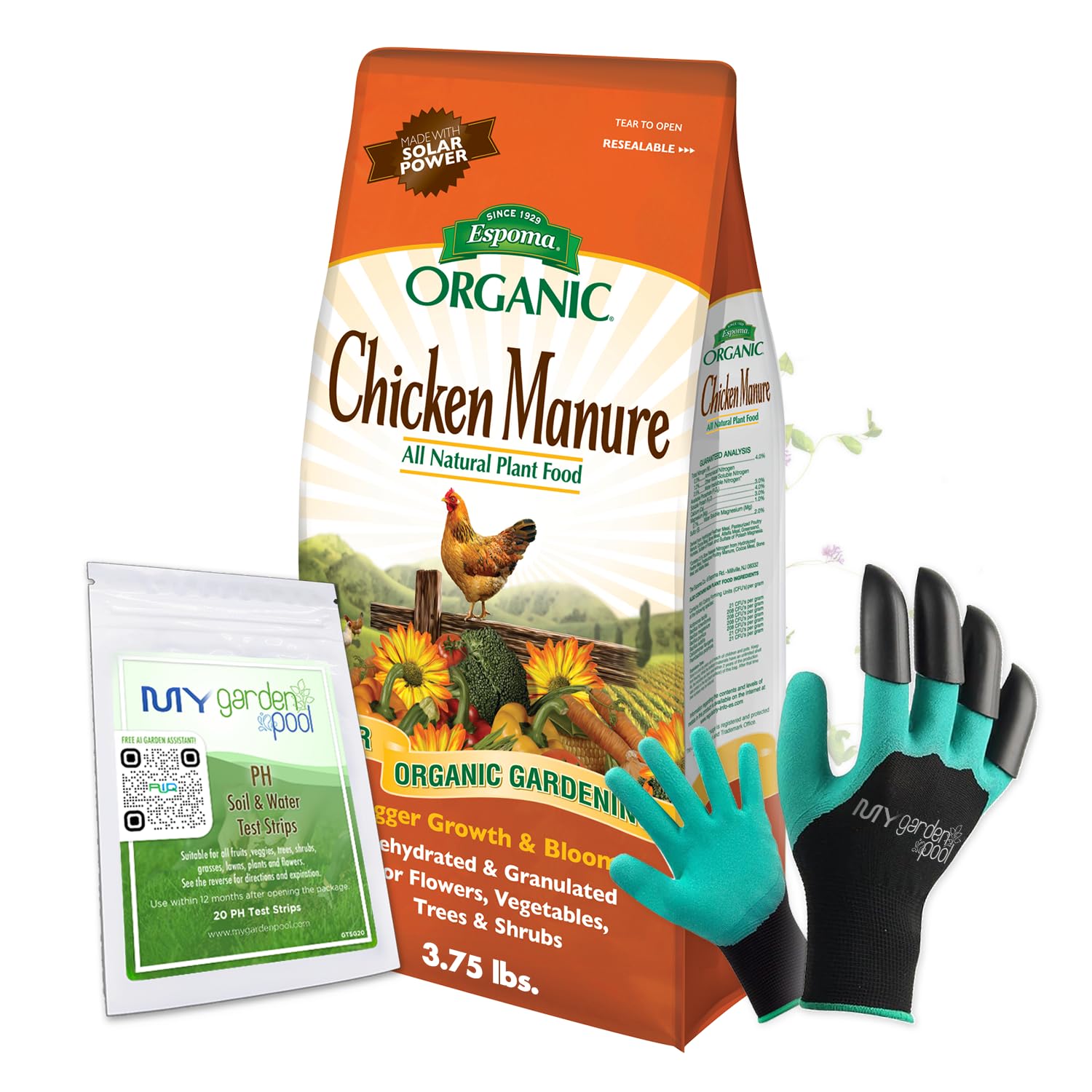 Espoma GM3 Chicken Manure 3.75 lb. - All-Natural Fertilizer for Healthy Plants with My Garden Pool PH Soil Test Strips 20 ct, and Gardening Claw Gloves and Garden-IQ, Smart Gardening AI Assistant!.