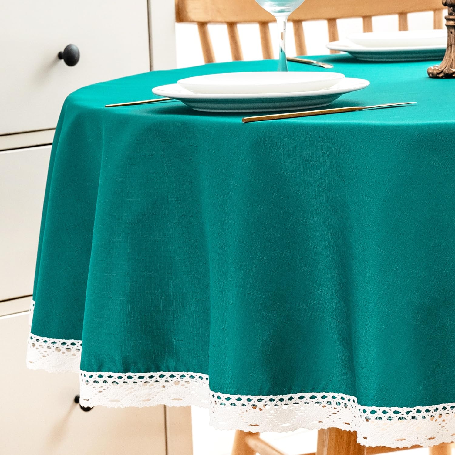 EHouseHome Faux Linen Tablecloth with Lace Trim - Waterproof/Spill Proof/Stain Resistant/Wrinkle Free/Oil Proof - for Banquet, Parties, Dinner,Wedding,Holiday,Teal, Round 70Inch