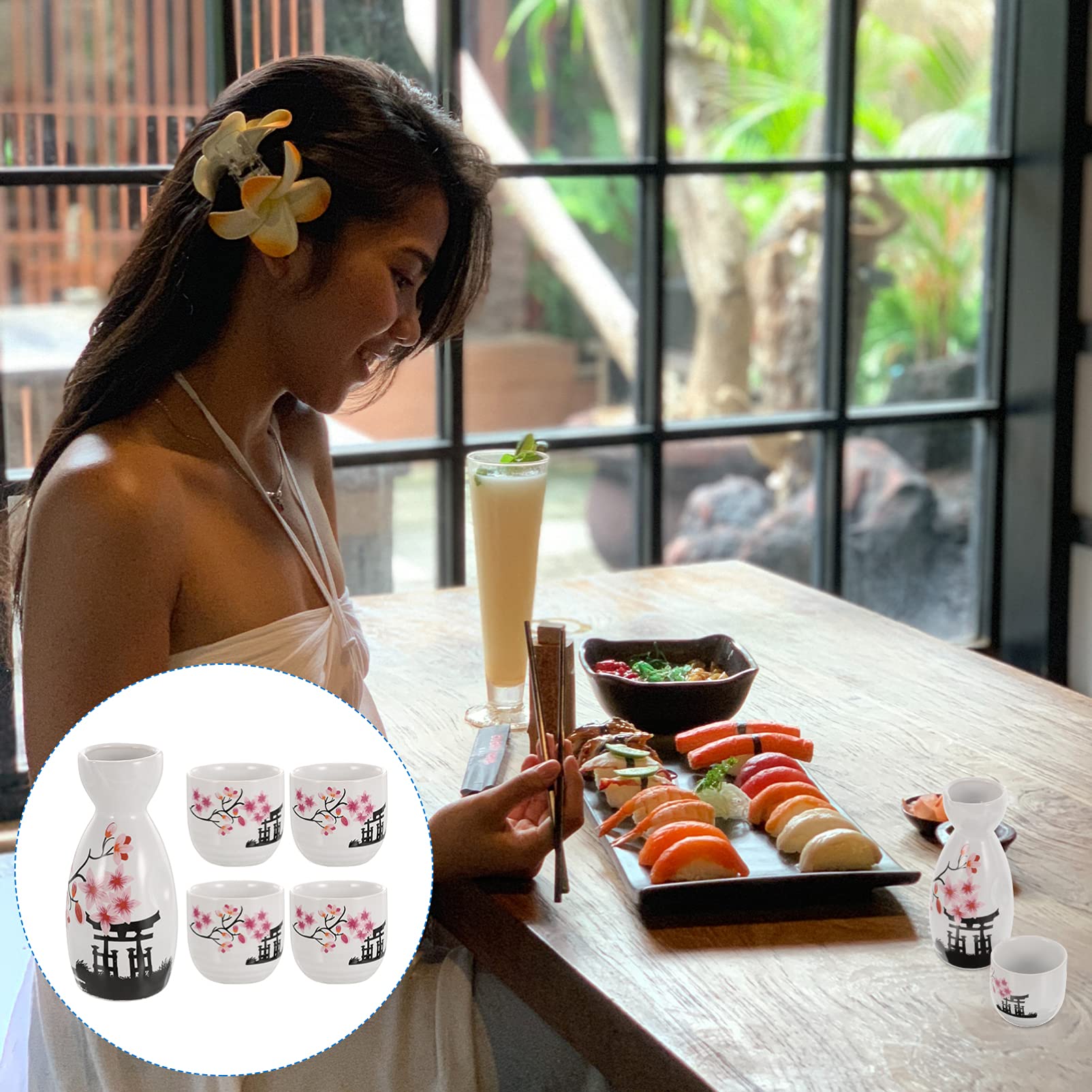 PRETYZOOM - Set di tazze per sakè, in ceramica, con bottiglia di bambù calda, multiuso, per sake