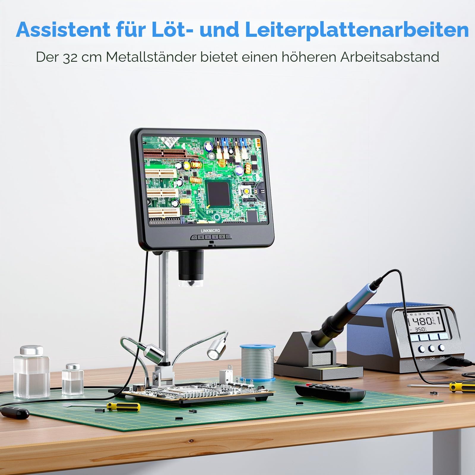 LM210 10.1'' LCD Digitales Mikroskop Erwachsene Löten Kamera [12'' Mikroskopständer] 260X Münzmikroskop für Elektronik Reparatur PCB DIY, 32G SD Karte