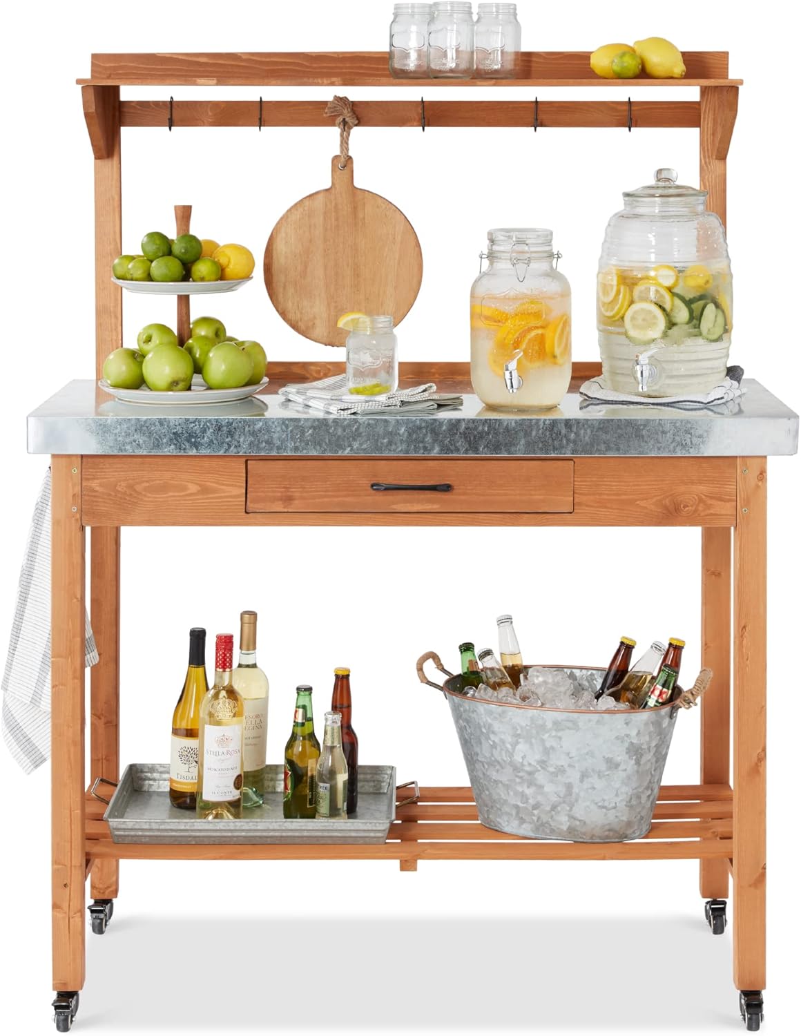 Best Choice Products Mobile Outdoor Table and Storage Cabinet w/Grill Accessory Hooks, 4 Locking Wheels, Stainless Steel Top for Patio Kitchen Island or Bar Cart – Medium Stained Brown