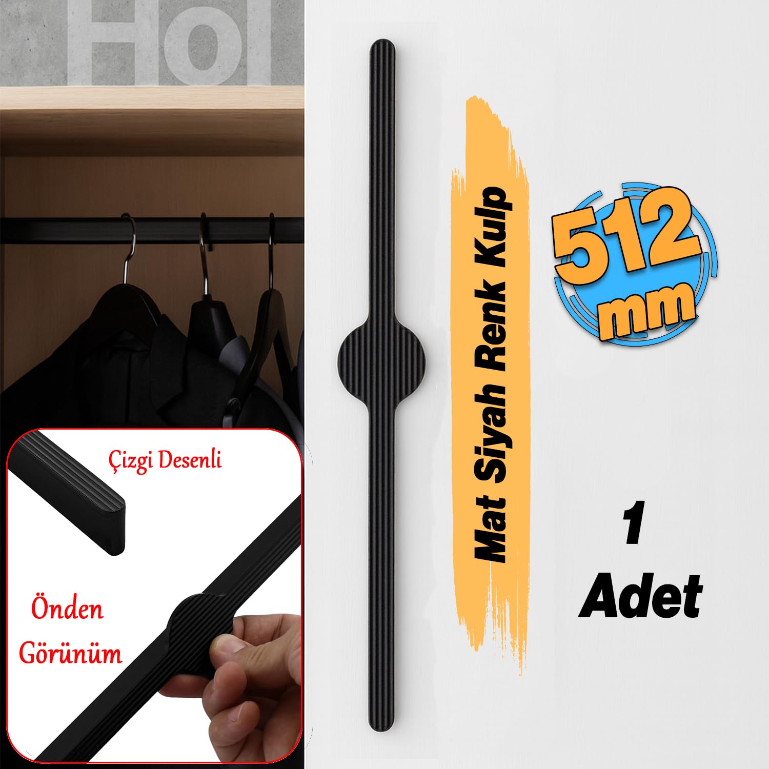 Saral Çizgili Mat Siyah Metal Kulp 512 mm 51.2 cm Mobilya Çekmece Mutfak Dolabı Dolap Kapak Kulplar