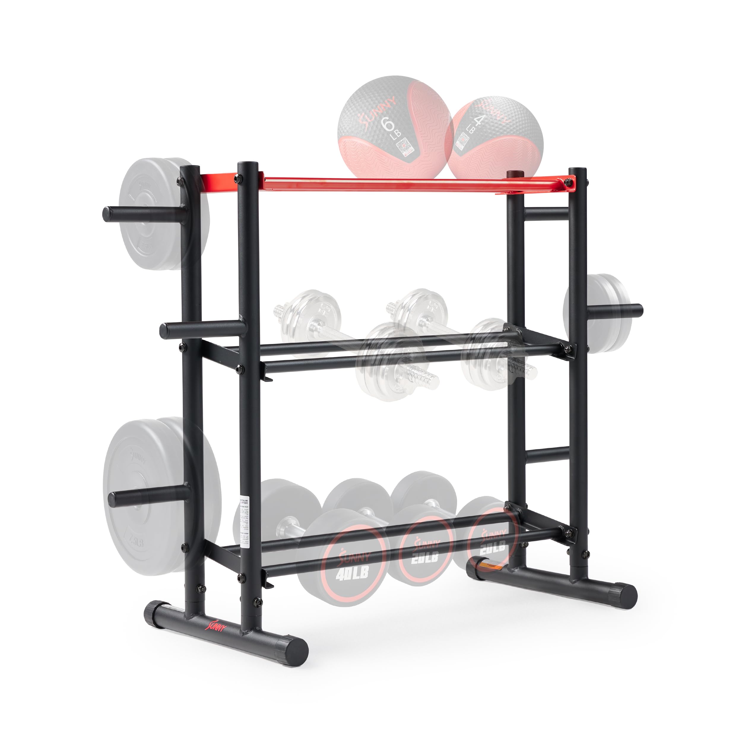 Sunny Health & Fitness Support de rangement multi-poids pour haltères, kettlebells, plaques de poids olympiques, haltères et ballon de médecine, support d'entraînement en métal robuste pour salle de