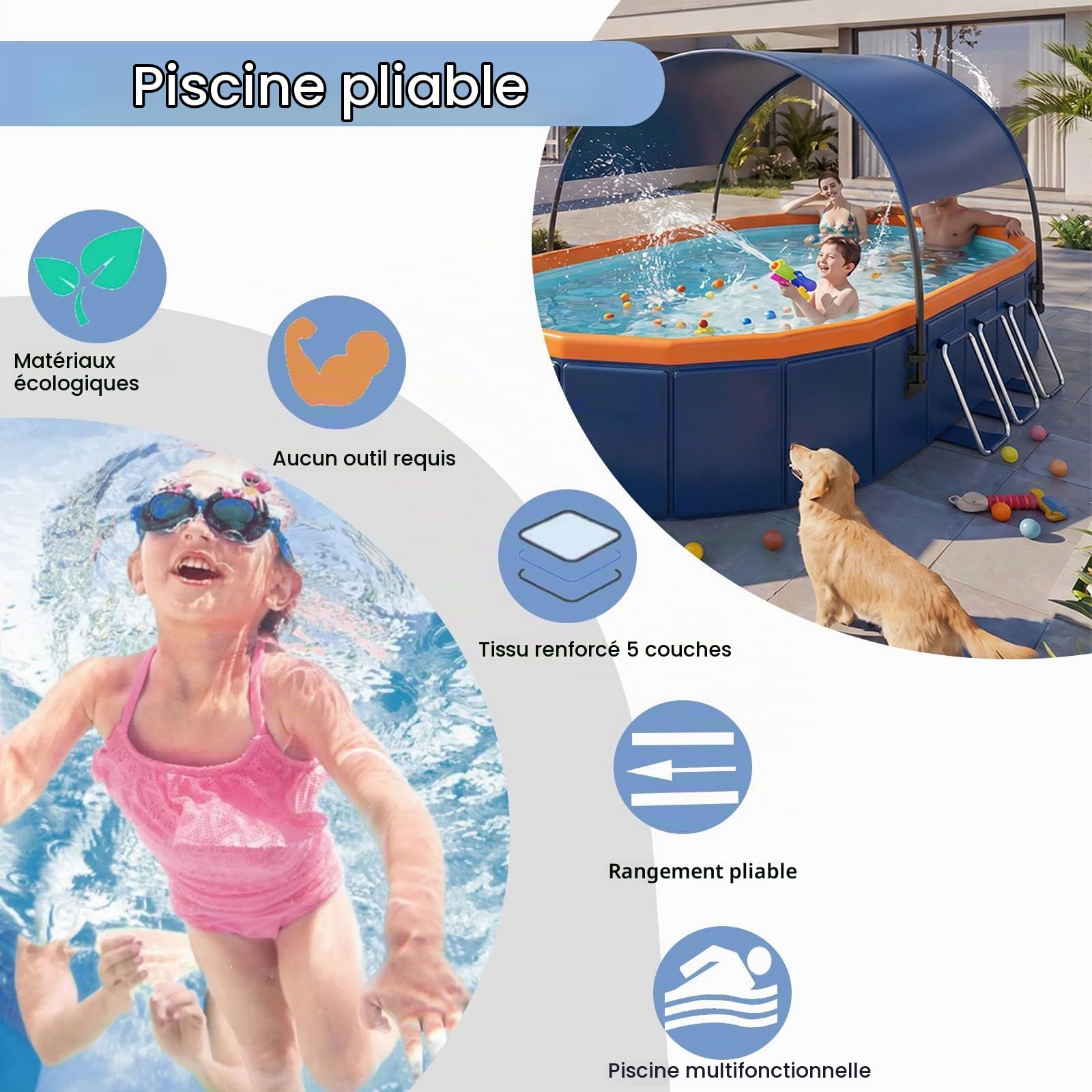 Piscine Pliable Piscine Ovale Hors-Sol Pliable De 170 À 348 Cm Idéale pour Toute La Famille Adultes Spa Et Jacuzzi Intégrés(348 * 172 * 52cm)