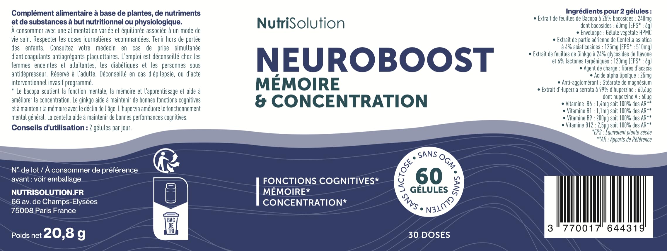 Neuro Boost par Nutrisolution - Boost Cognitif & Énergie, Vitamines B, Ginkgo Biloba, Bacopa, Acide Alpha Lipoïque, Végétalien, Fabriqué en France