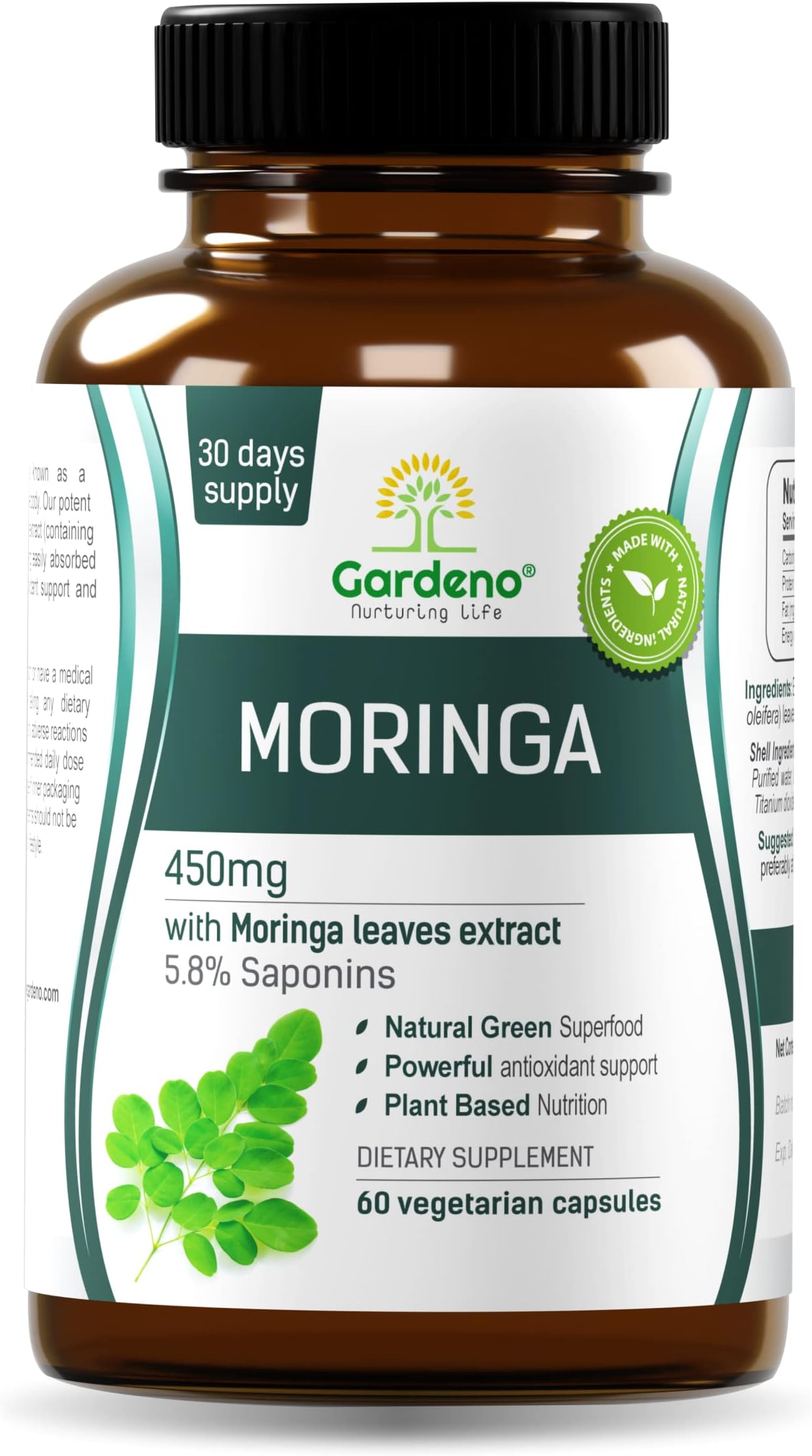 Gardeno Moringa Capsules 450 mg,60 Veg Capsules | 5% Saponins Standardized Moringa Leaf Extract |Rich in Antioxidants, Essential Vitamins & Amino Acids,Immunity,Blood Sugar Support