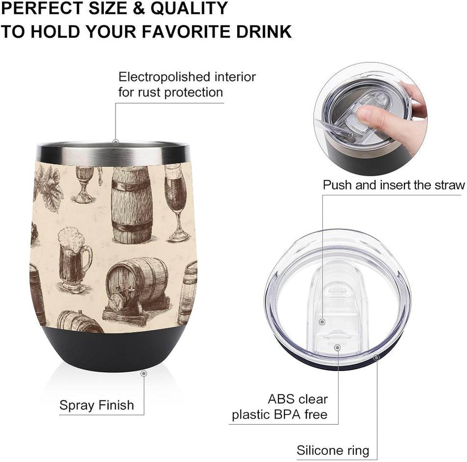 Vintage Wine Glass Grape Barrel Insulated Drinking Cup Stainless Steel Coffee Mug Wine Tumbler with Lid 12OZ