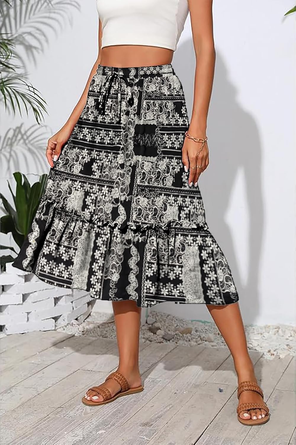 Women's High Elastic Waist Midi Skirt Casual Trendy Floral Print A line Skirts - Image 3