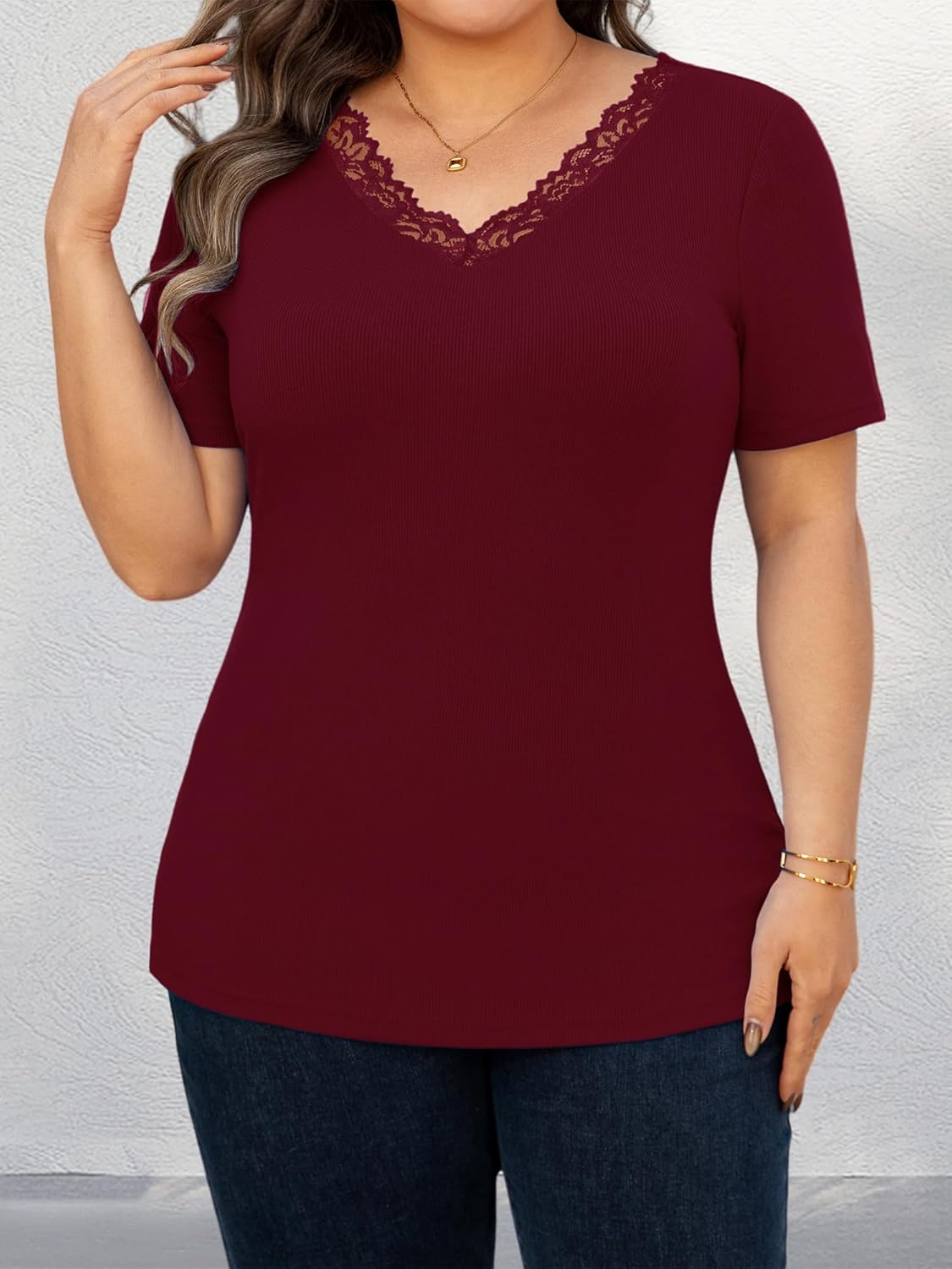 Chulianyouhuo Women's Plus Size Short Sleeve Tops Summer Lace V Neck Ribbed Knit Shirts Slim Fitted Casual Basic Tee Blouses - Image 2