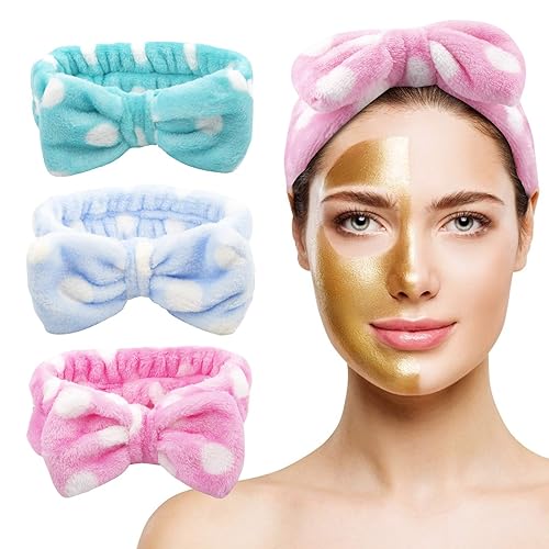 Paquete de 3 bandas de pelo con lazo, diadema de punto facial de maquillaje suave para mujeres y niñas, de microfibra, turbante con lazo, lazo para