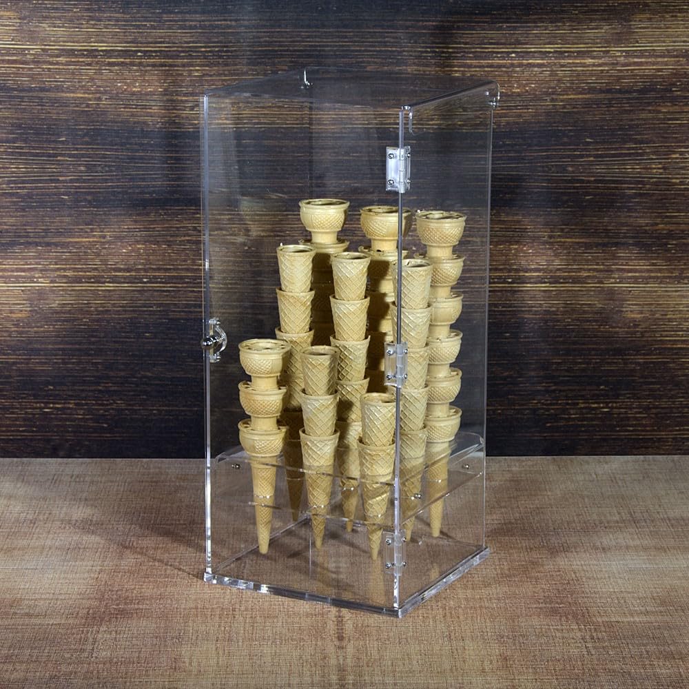 Portaconi gelato in plexiglass trasparente a 9 fori con sportello frontale - Misure: 24x23x H47 cm