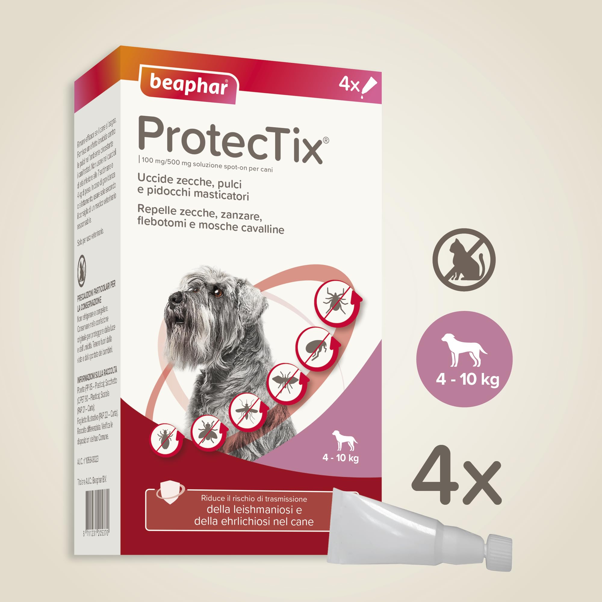 Beaphar ProtecTix Cane, Antiparassitario Spot-On per Cane Piccolo (4-10 Kg), Riduce il Rischio di Leishmaniosi, Contro Zecche, Pulci e Pidocchi, Confezione 4 Pipette da 1 ml