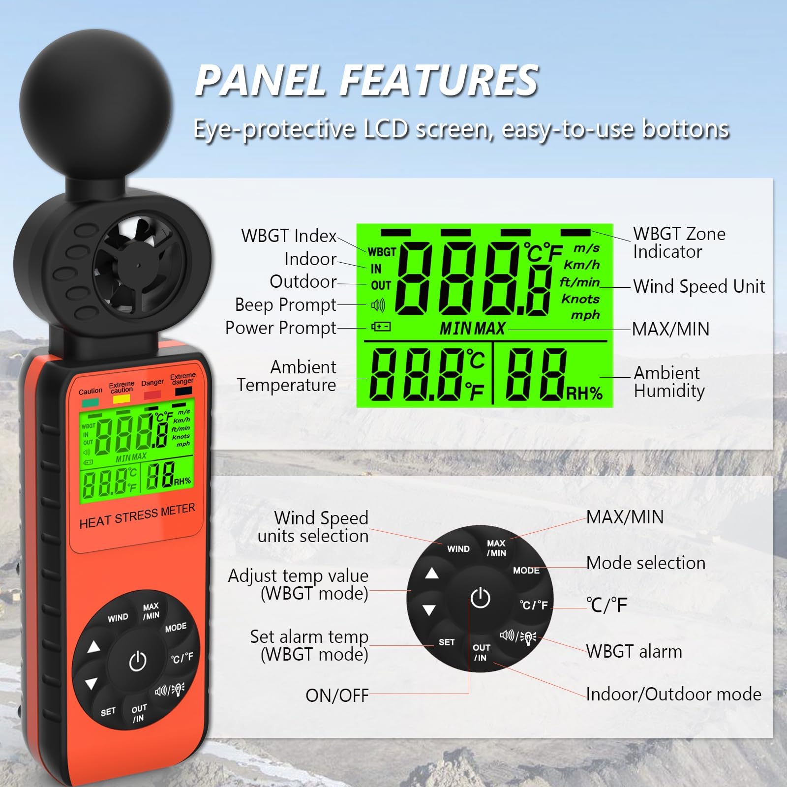 Windmesser Windmessgerät WBGT 881W Heat Stress Meter mit Feuchtkugeltemperatur, Gefahrenpegelanzeige, akustischem Alarm, Raumtemperatur/-feuchte
